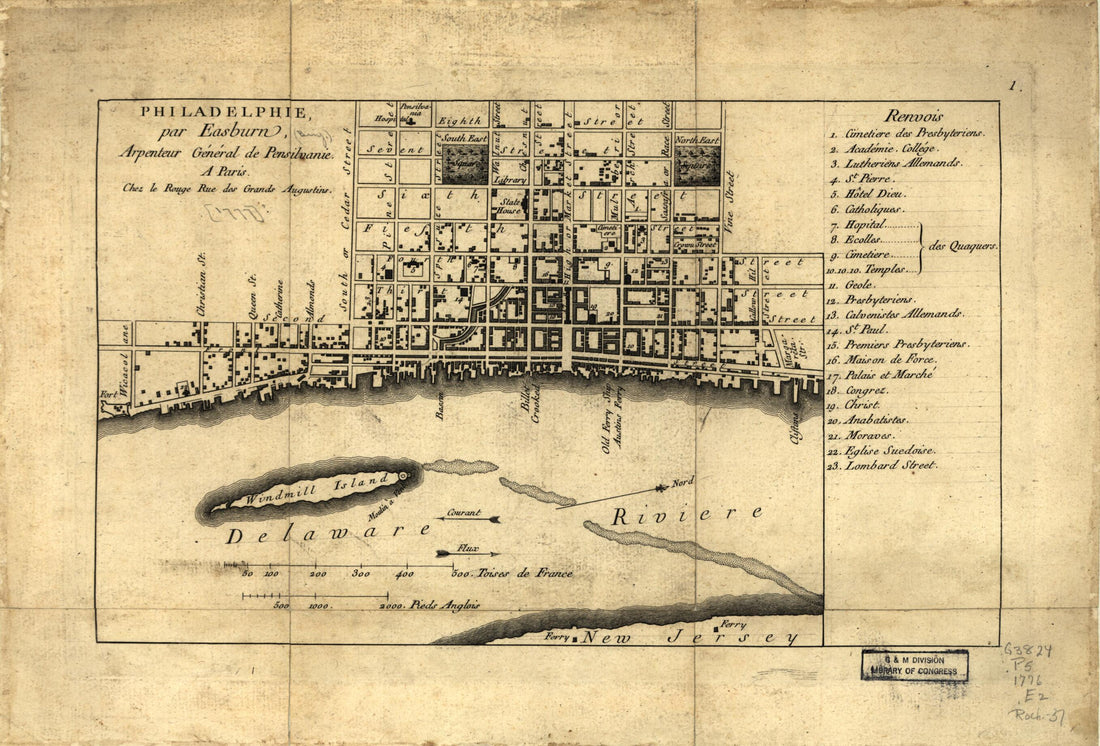 This old map of Philadelphie from 1776 was created by Benjamin Easburn, Louis in 1776