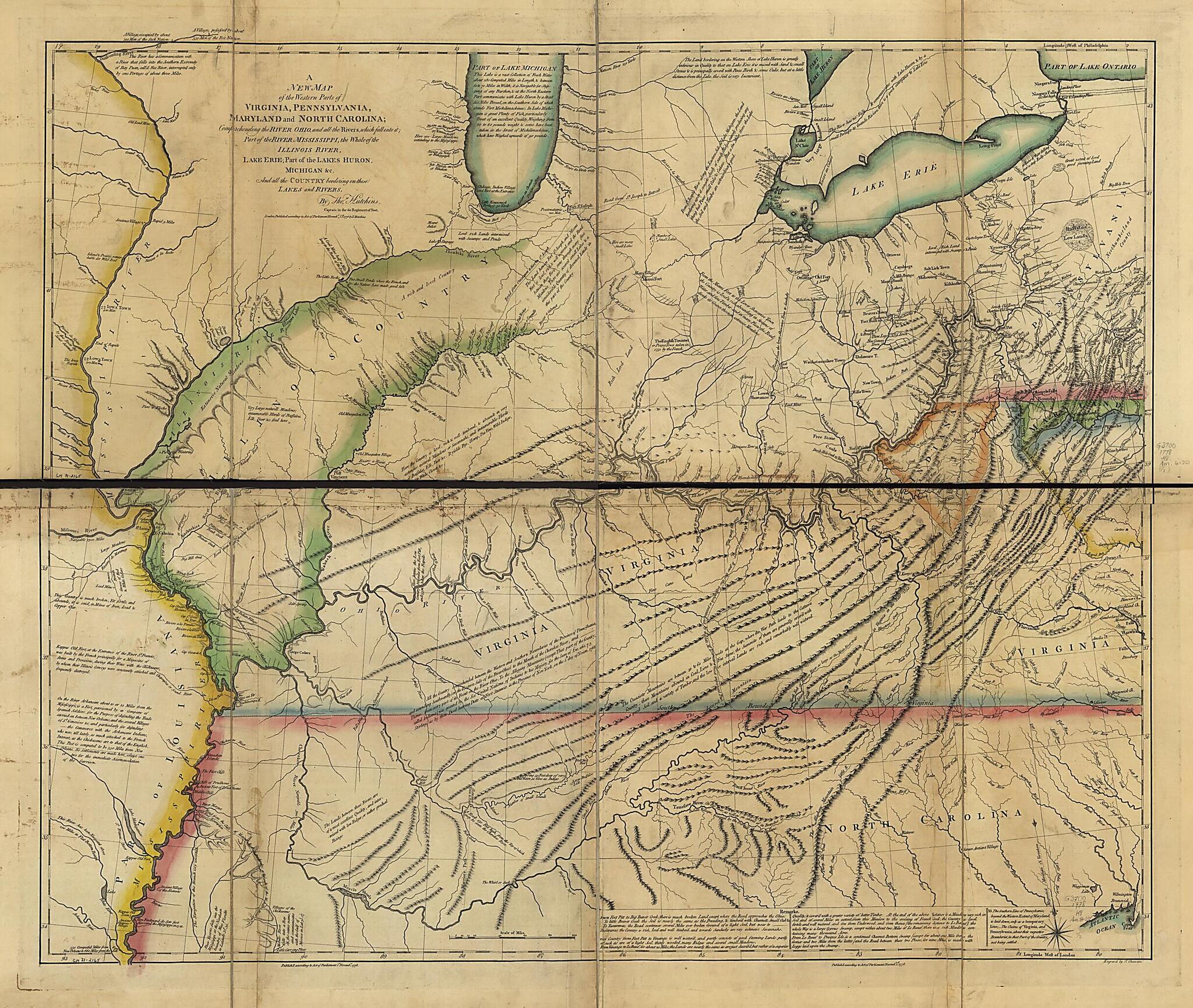This old map of A New Map of the Western Parts of Virginia, Pennsylvania, Maryland, and North Carolina; Comprehending the River Ohio, and All the Rivers, Which Fall Into It; Part of the River Mississippi, the Whole of the Illinois River, Lake Erie; Part