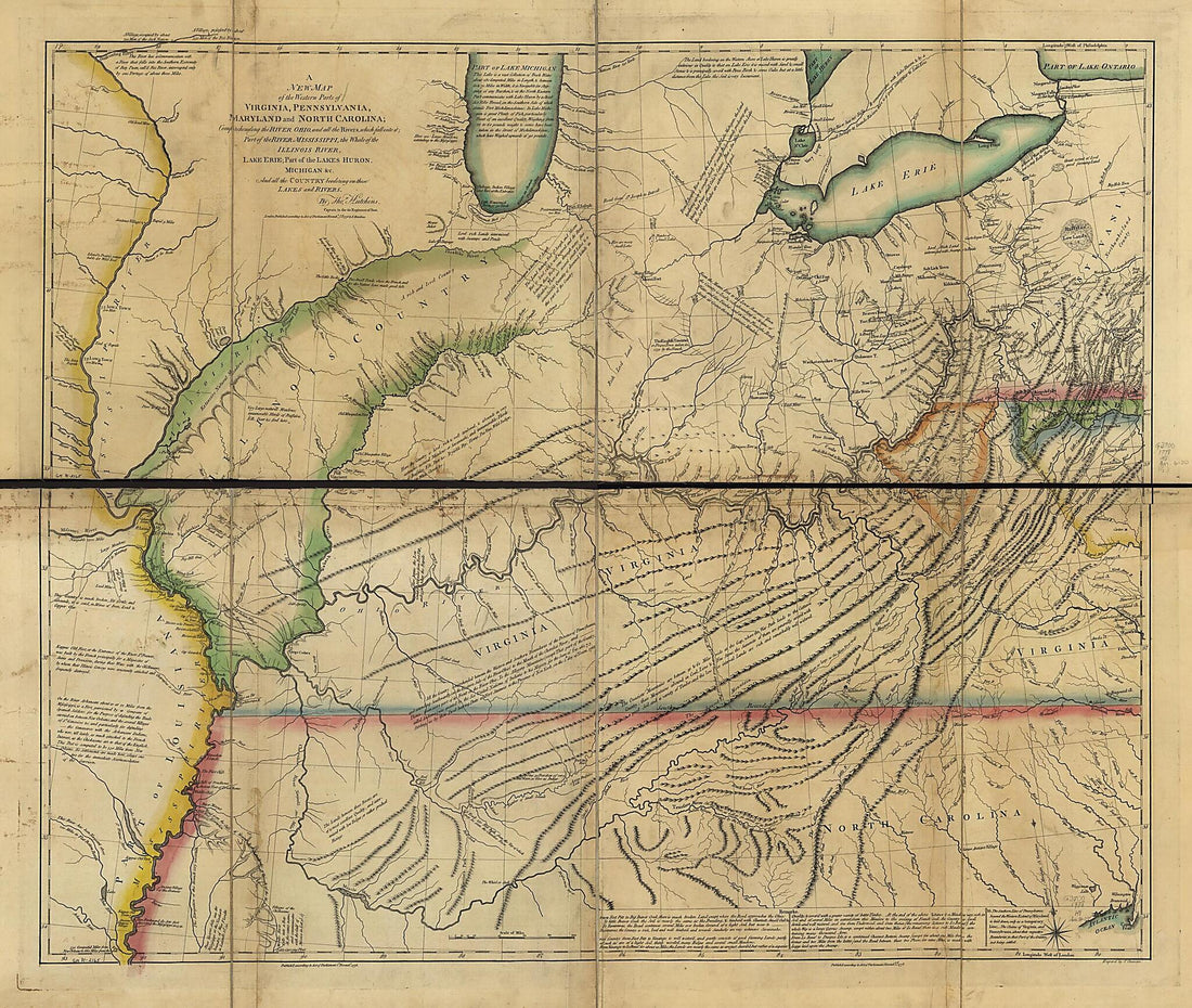 This old map of A New Map of the Western Parts of Virginia, Pennsylvania, Maryland, and North Carolina; Comprehending the River Ohio, and All the Rivers, Which Fall Into It; Part of the River Mississippi, the Whole of the Illinois River, Lake Erie; Part