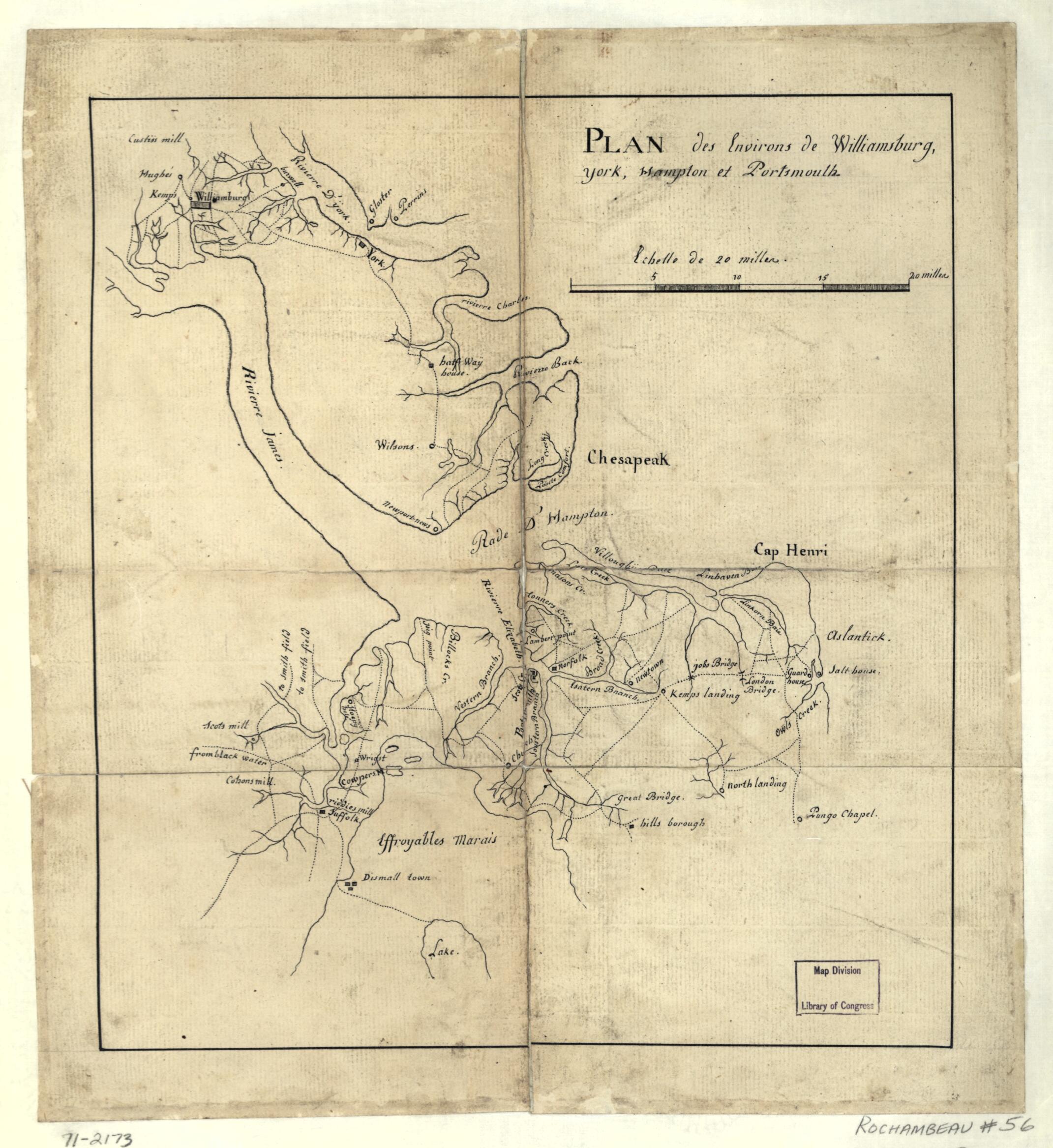This old map of Plan Des Environs De Williamsburg, York, Hampton, Et Portsmouth from 1781 was created by in 1781