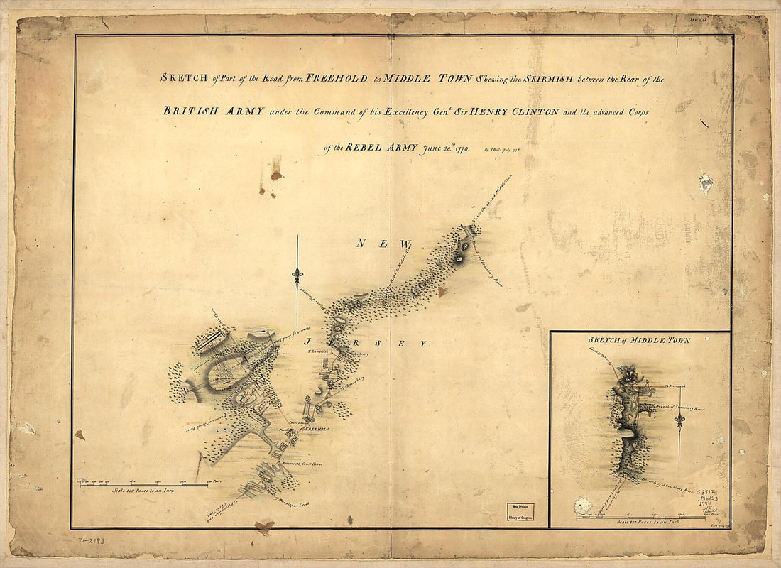 This old map of Sketch of Part of the Road from Freehold to Middle Town Shewing the Skirmish Between the Rear of the British Army Under the Command of His Excellency Genl. Sir Henry Clinton and the Advanced Corps of the Rebel Army, June 28th. from 1778.