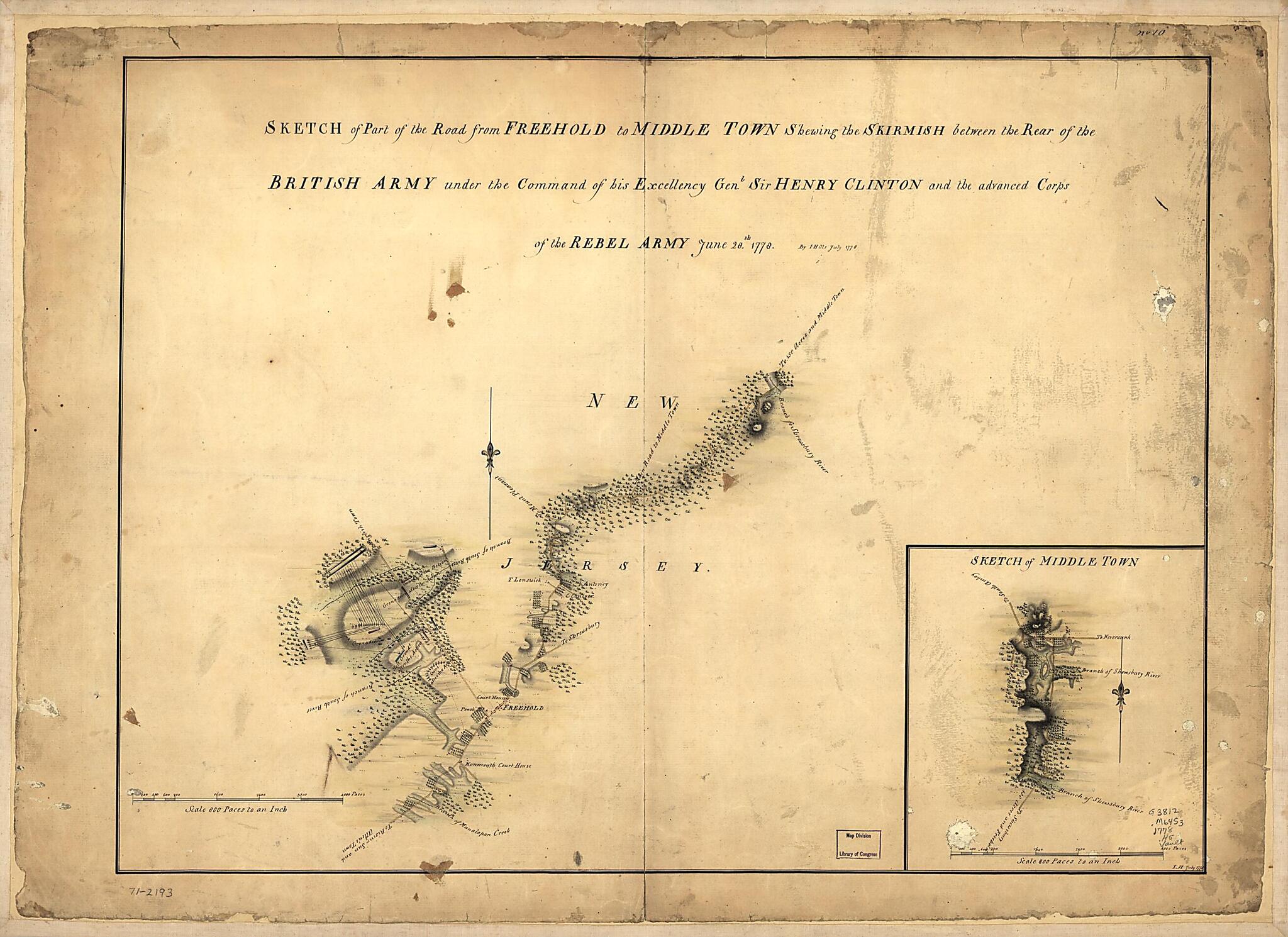 This old map of Sketch of Part of the Road from Freehold to Middle Town Shewing the Skirmish Between the Rear of the British Army Under the Command of His Excellency Genl. Sir Henry Clinton and the Advanced Corps of the Rebel Army, June 28th. from 1778.