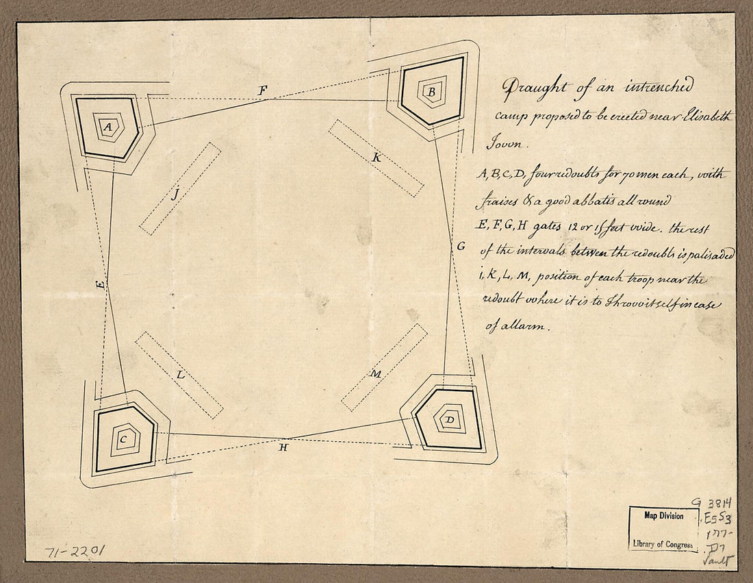 This old map of Draught of an Intrenched Camp Proposed to Be Erected Near Elisabeth Town from 1770 was created by in 1770