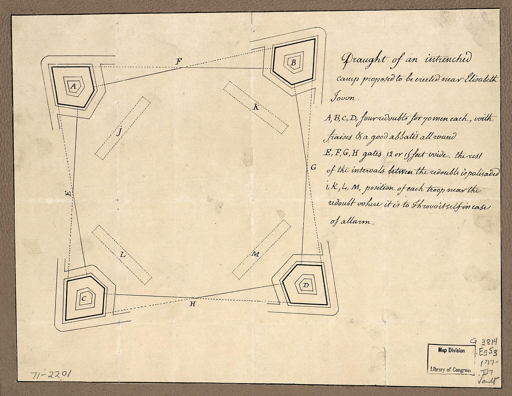 This old map of Draught of an Intrenched Camp Proposed to Be Erected Near Elisabeth Town from 1770 was created by in 1770