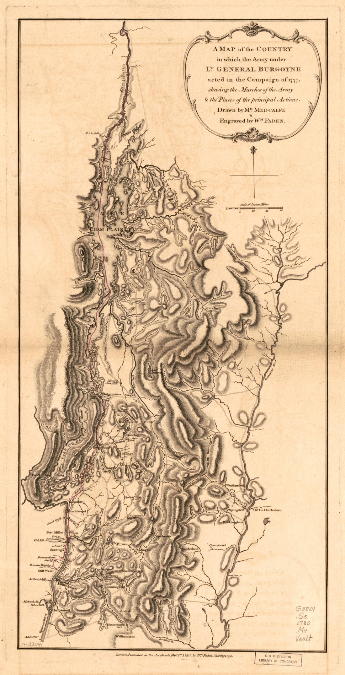 This old map of A Map of the Country In Which the Army Under Lt. General Burgoyne Acted In the Campaign of 1777, Shewing the Marches of the Army & the Places of the Principal Actions from 1780 was created by William Faden, Medcalfe in 1780