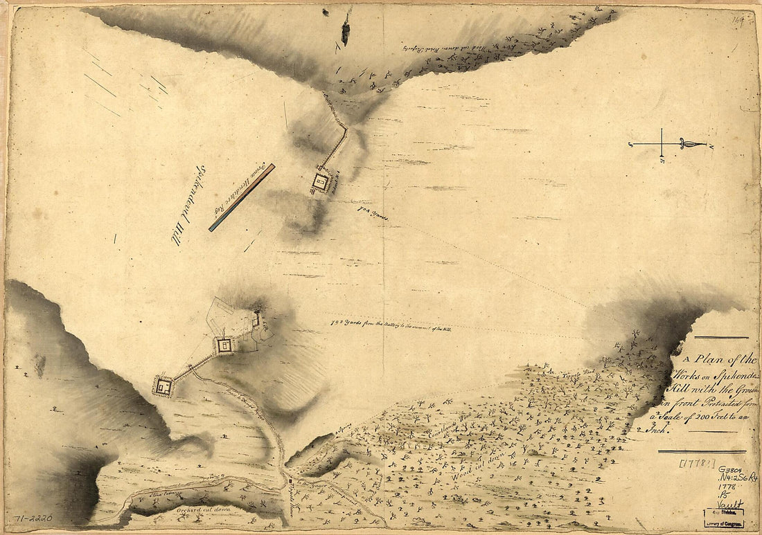 This old map of A Plan of the Works On Spikendevil Hill With the Ground In Front, Protracted from a Scale of 200 Feet to an Inch from 1778 was created by in 1778