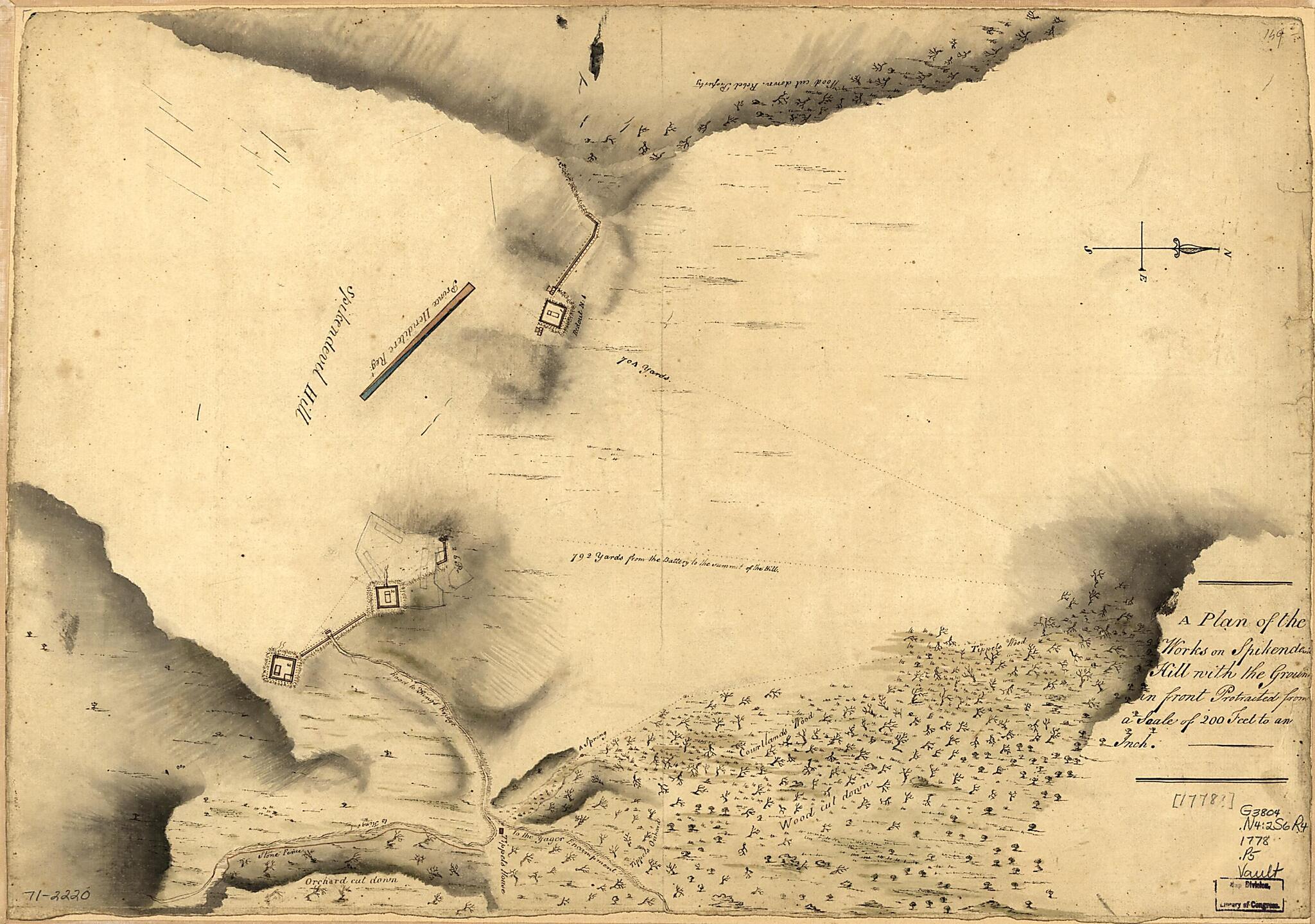 This old map of A Plan of the Works On Spikendevil Hill With the Ground In Front, Protracted from a Scale of 200 Feet to an Inch from 1778 was created by in 1778