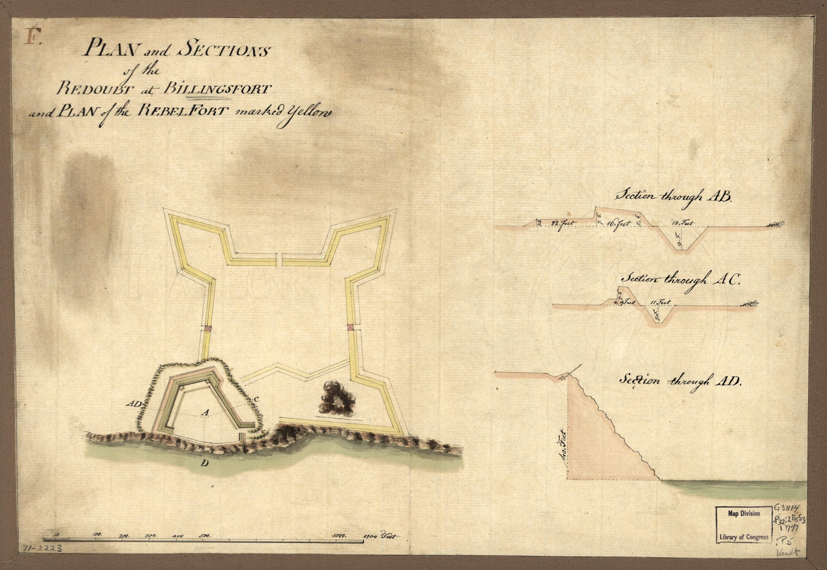 This old map of Plan and Sections of the Redoubt at Billingsfort and Plan of the Rebel Fort Marked Yellow from 1777 was created by in 1777