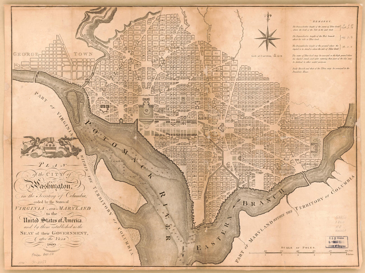 Plan of the City of Washington, In the Territory of Columbia, Ceded by the States of Virginia and Maryland to the United States of America, and by Them Established As the Seat of Their Government After the Year 1800 1795 by Relic Map Company