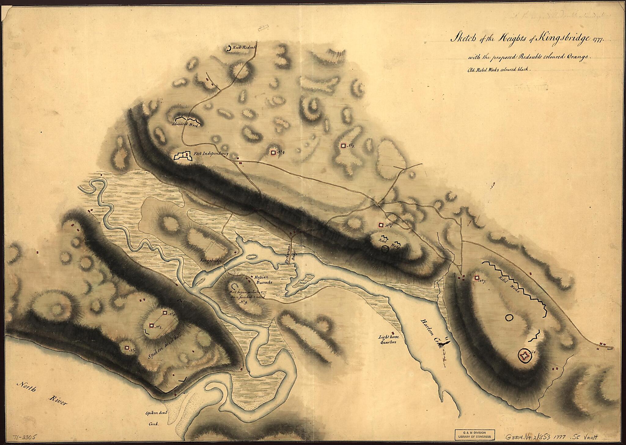This old map of Sketch of the Heights of Kingsbridge from 1777, With the Proposed Redoubts Coloured Orange. Old Rebel Works Coloured Black was created by in 1777