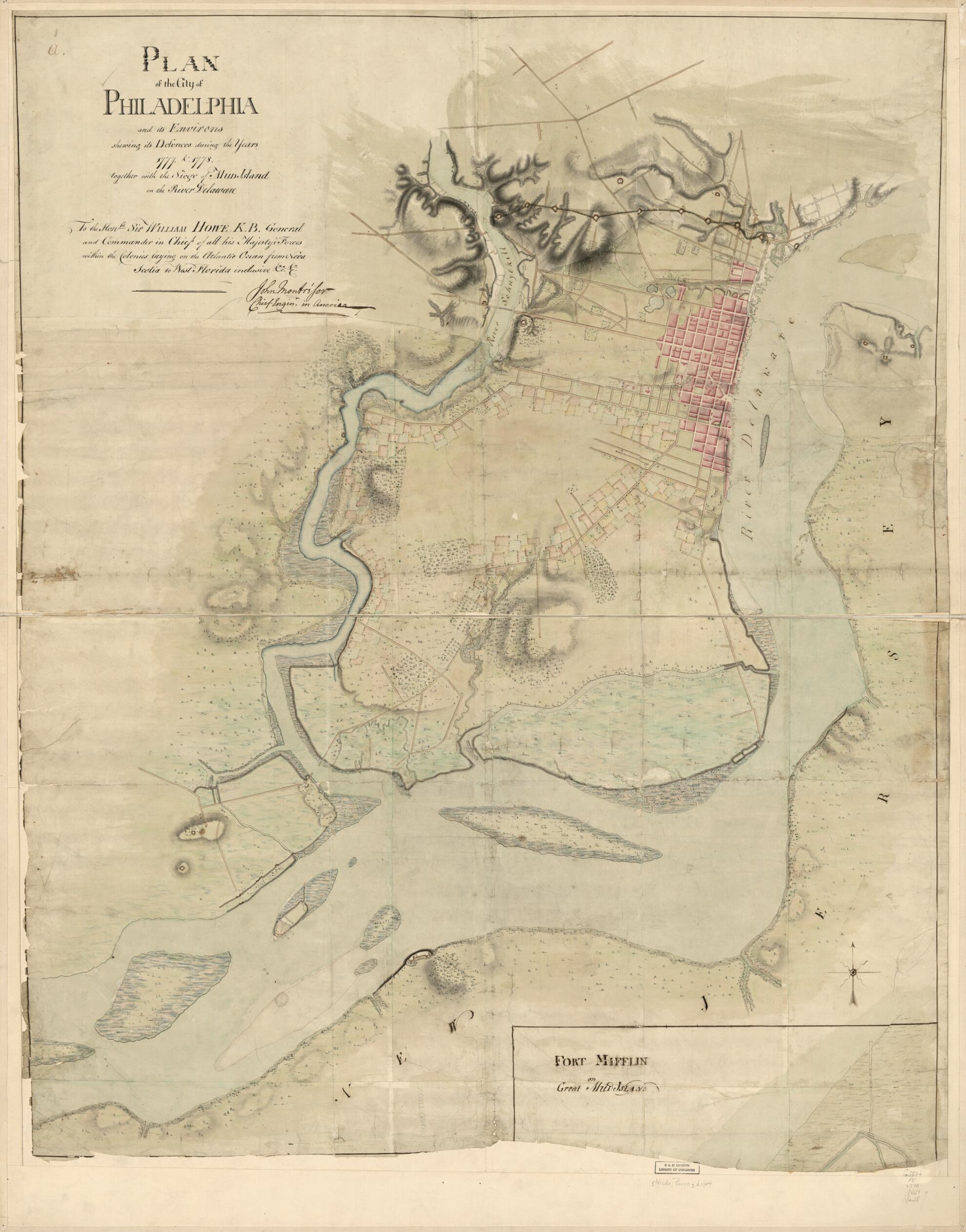 This old map of Plan of the City of Philadelphia and Its Environs Shewing Its Defences During the Years 1777 & from 1778, Together With the Siege of Mud Island On the River Delaware was created by Pierre Nicole in 1778