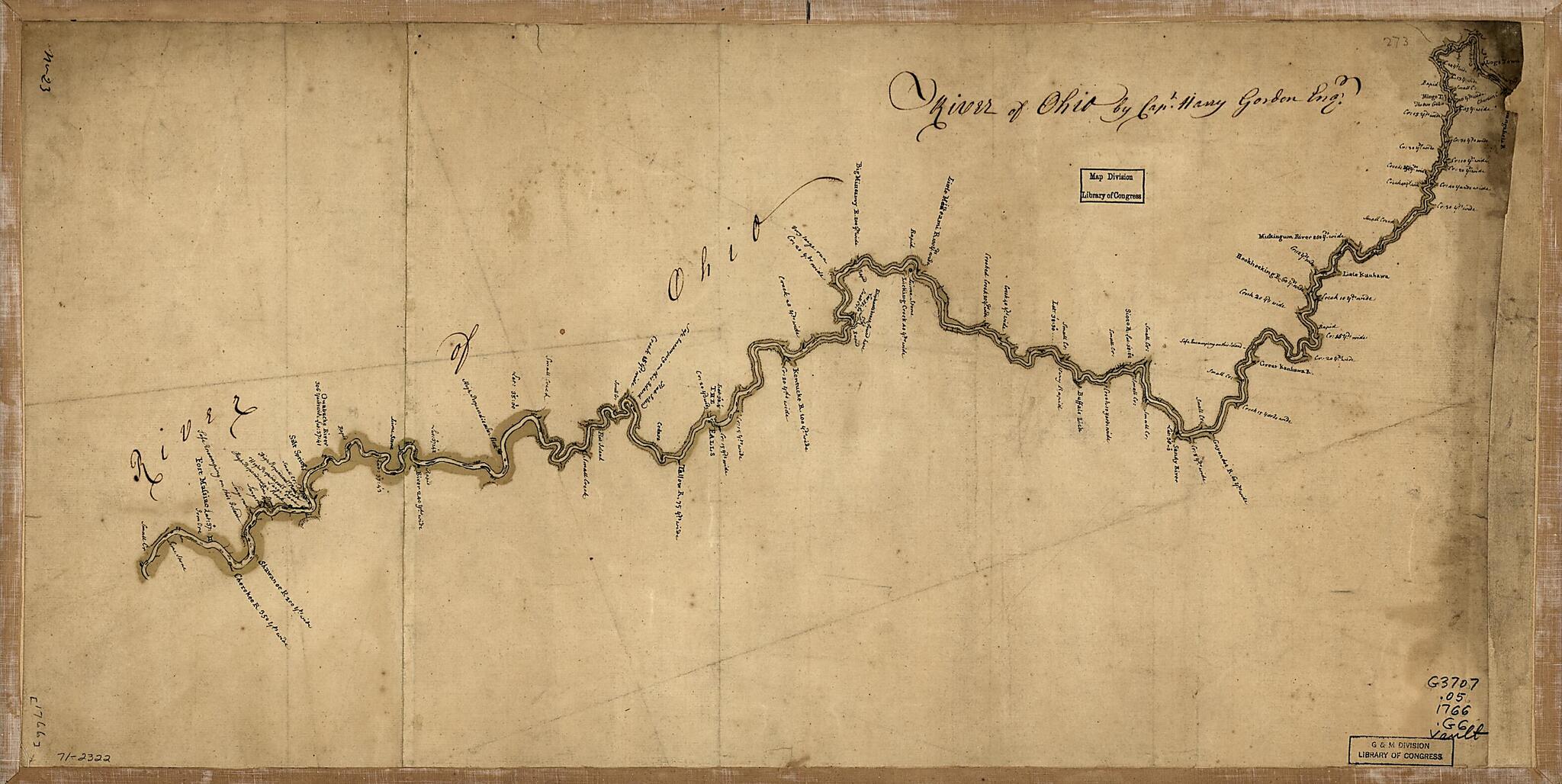 This old map of River of Ohio from 1766 was created by Harry Gordon in 1766