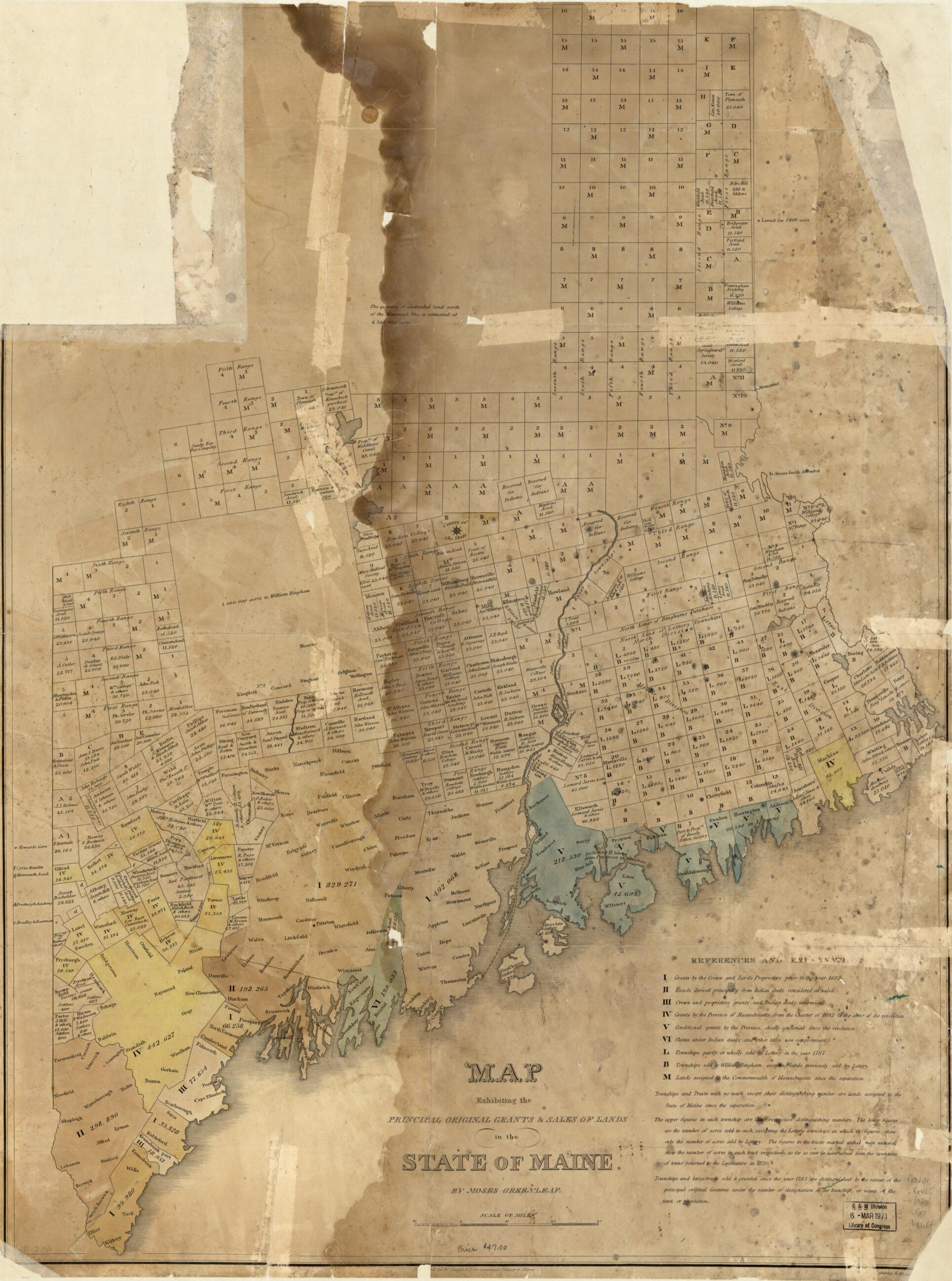 This old map of Map Exhibiting the Principal Original Grants & Sales of Lands In the State of Maine from 1820 was created by W. (William) Chapin, Moses Greenleaf, Shirley & Hyde in 1820