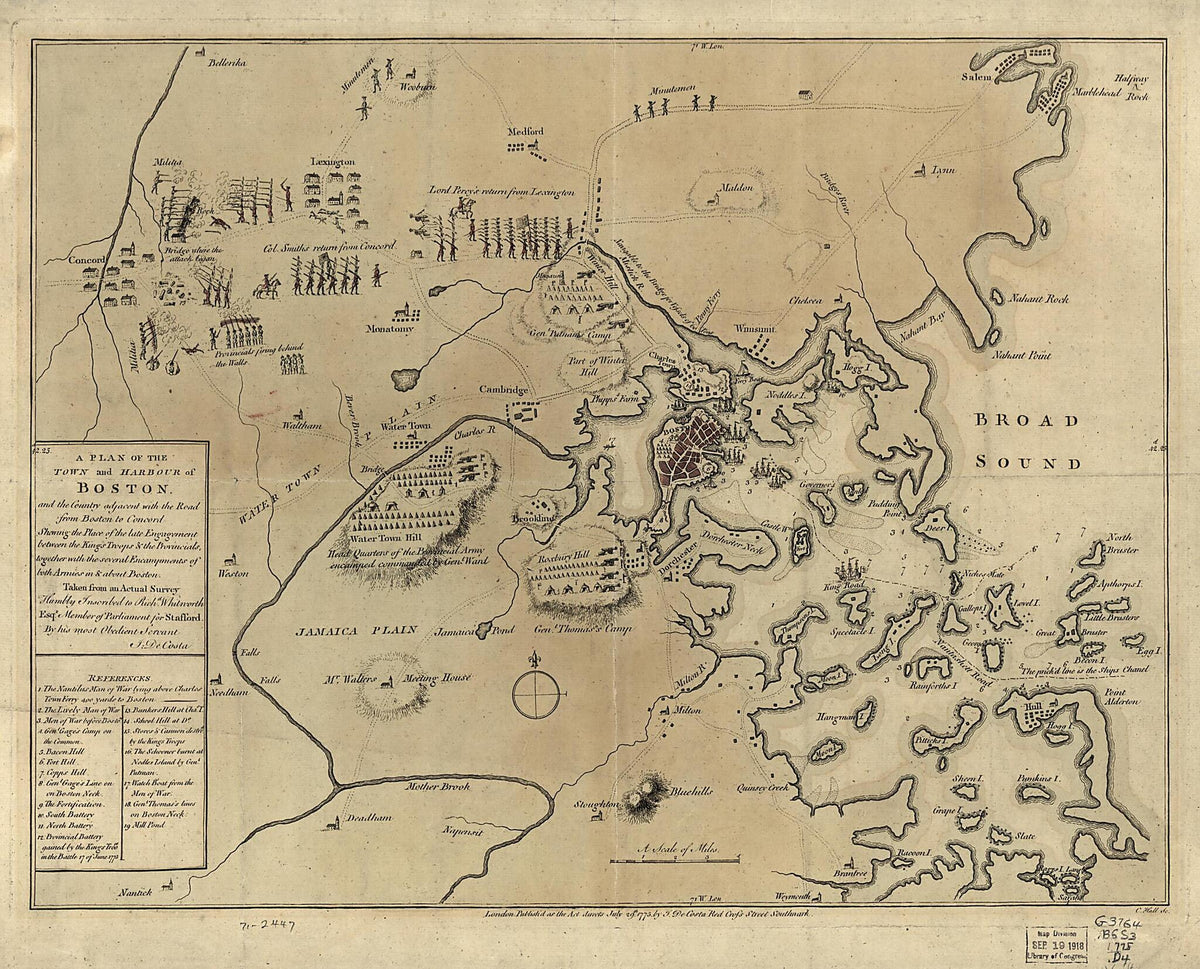 A Plan of the Town and Harbour of Boston and the Country Adjacent With the Road from Boston to Concord, Shewing the Place of the Late Engagement Between the King&
