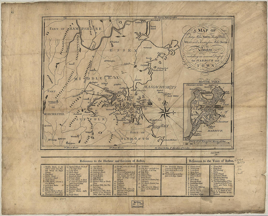 This old map of A Map of Forty Miles North, Thirty Miles West, and Twentyfive Miles South of Boston, Including an Accurate Draft of the Harbour and Town from 1775 was created by in 1775
