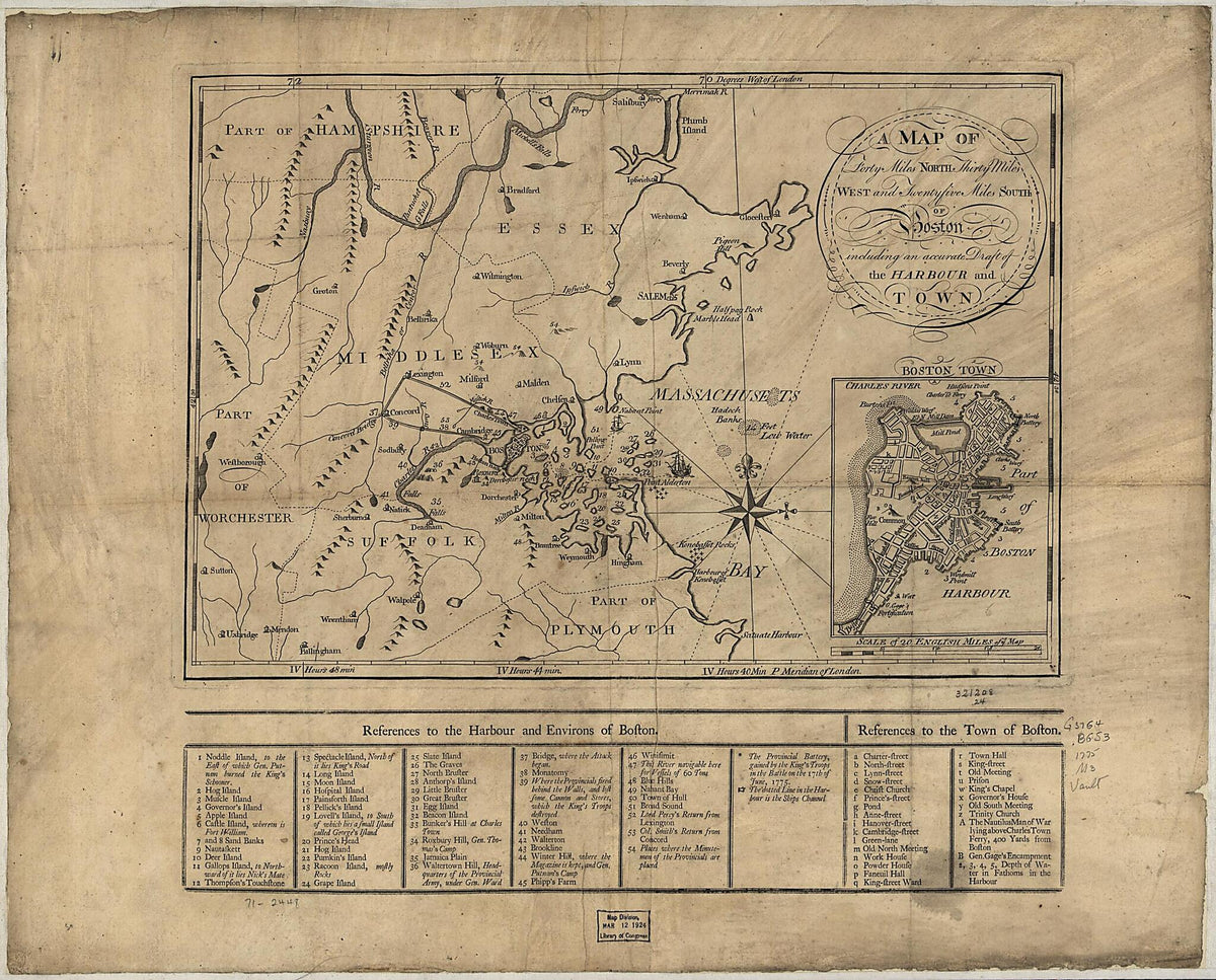 A Map of Forty Miles North, Thirty Miles West, and Twentyfive Miles South of Boston, Including an Accurate Draft of the Harbour and Town 1775 by Relic Map Company