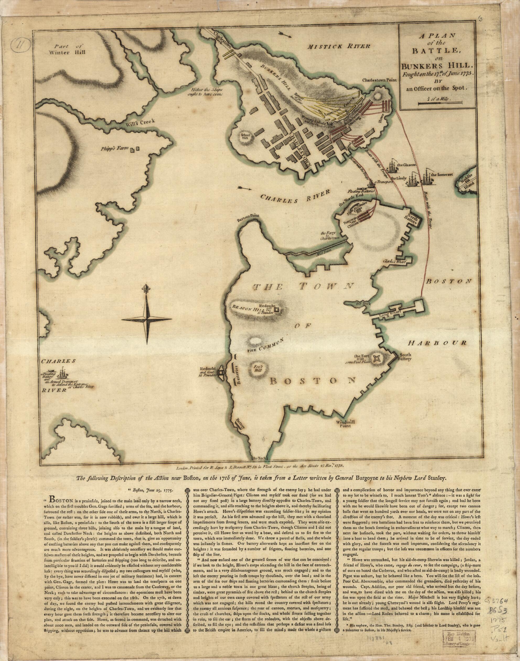 This old map of A Plan of the Battle, On Bunkers Hill Fought On the 17th of June from 1775 was created by John Burgoyne, Robert Sayer and John Bennett (Firm) in 1775