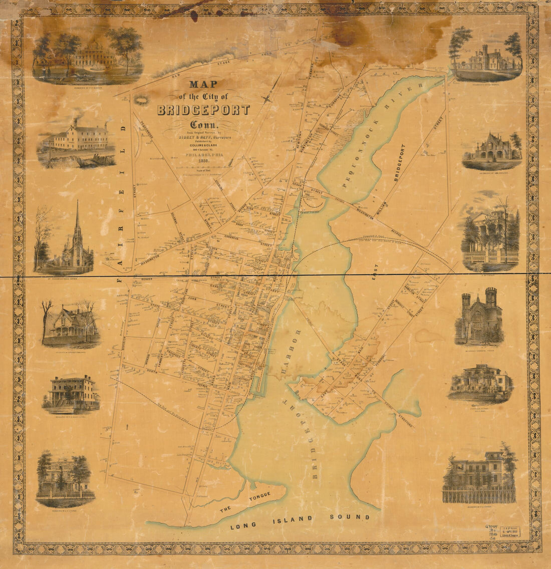 This old map of Map of the City of Bridgeport, Connecticut from 1850 was created by Collins & Clark, C. S. Middlebrook, Sidney & Neff in 1850