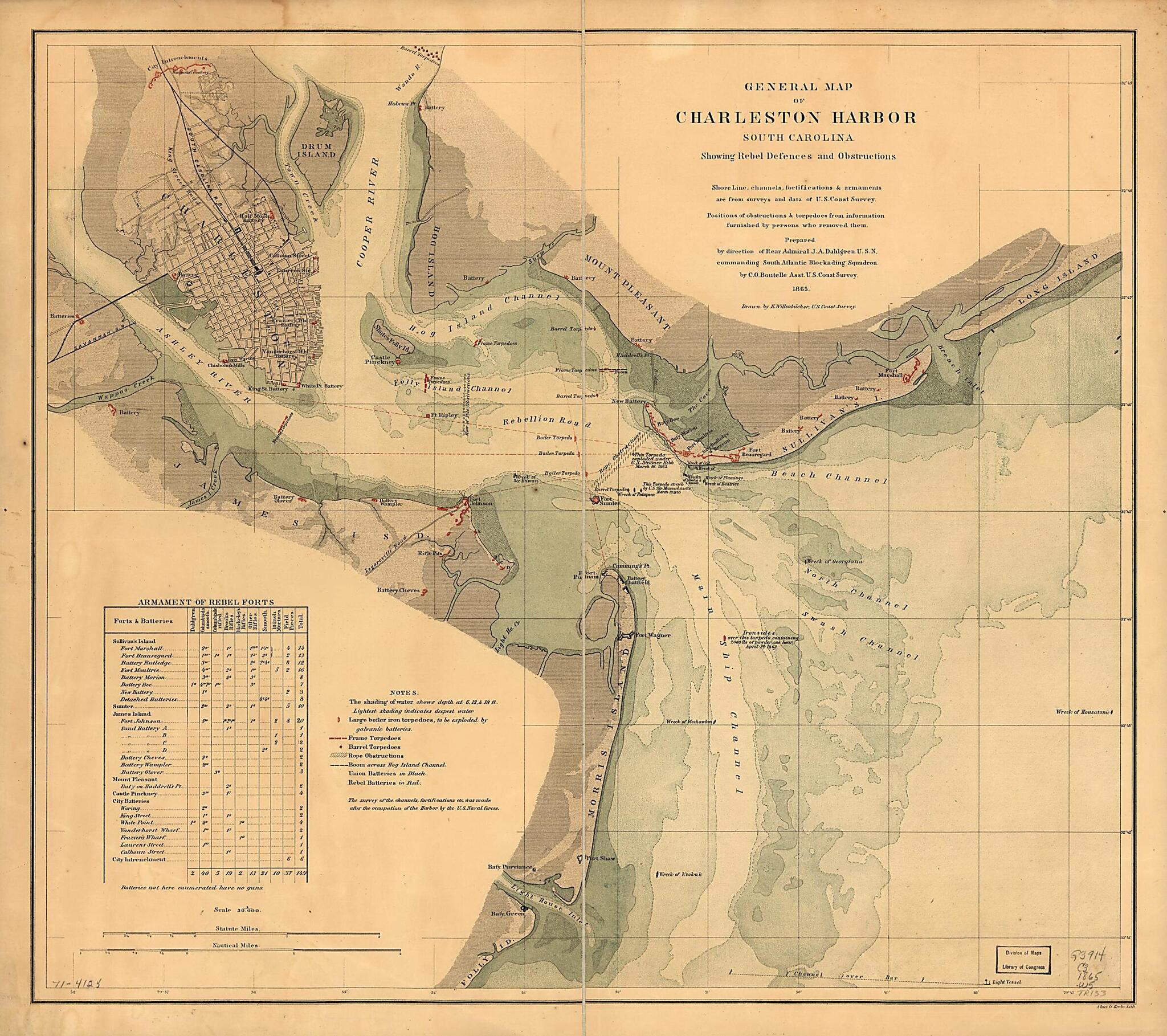 This old map of General Map of Charleston Harbor, South Carolina, Showing Rebel Defences and Obstructions from 1865 was created by Charles G. Krebs, Eugene Willenbücher in 1865