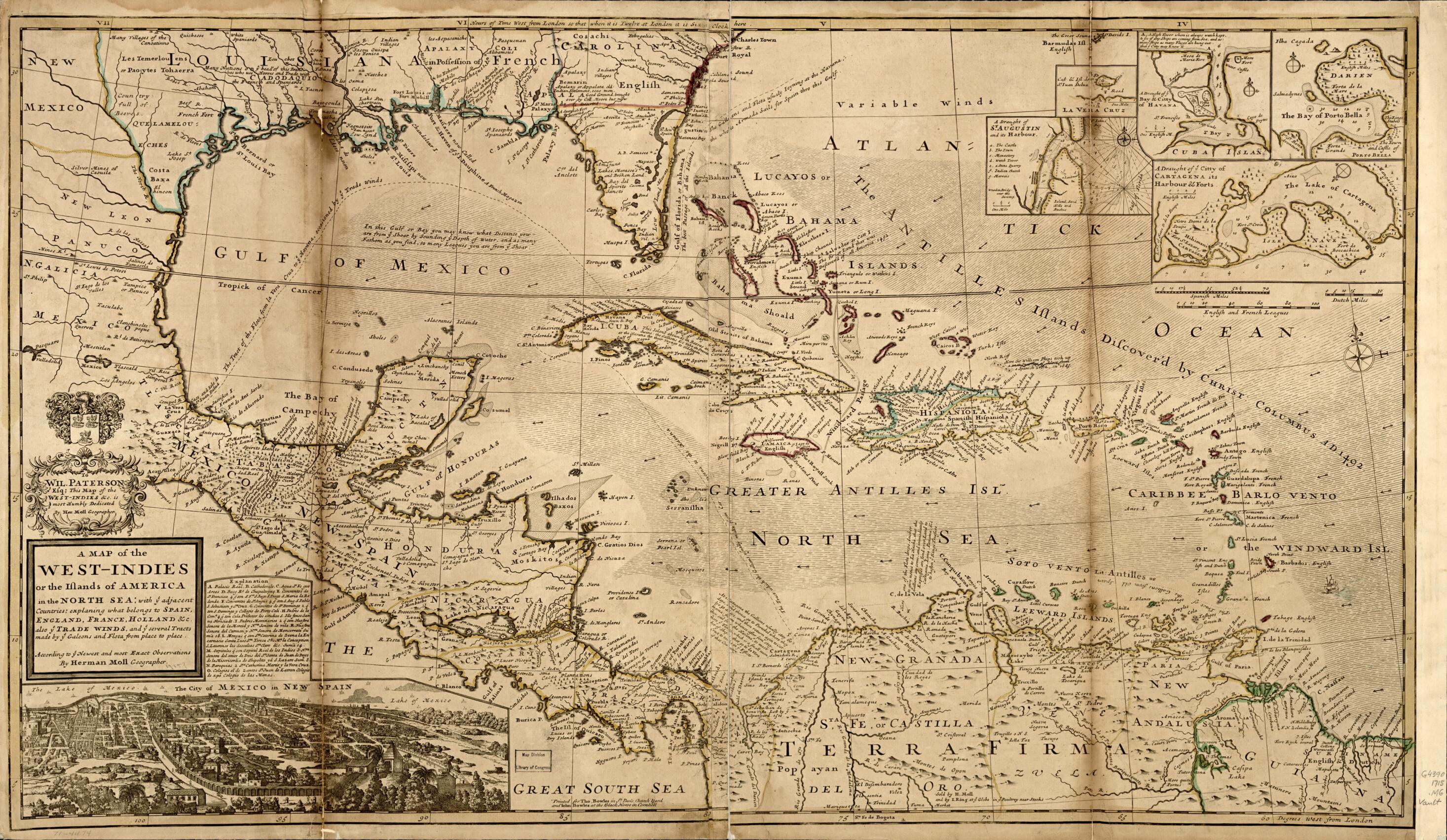 Indies Or the Islands of America In the North Sea; With Ye Adjacent Countries; Explaning sic What Belongs to Spain, England, France, Holland &c. Also Ye Trade Winds, and Ye Several Tracts Made by Ye Galeons and Flota From Place to Place. According to ... by Relic Map Company