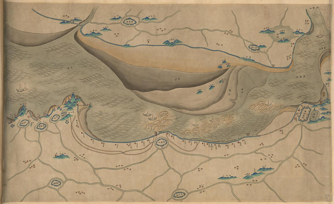 This old map of Qiantang Jiang Yan an Tu (钱塘江沿岸圖, Hangzhou Wan Tu, Coastal Map of the Qiantang River) from 1775 was created by Arthur W. (Arthur William) Hummel in 1775