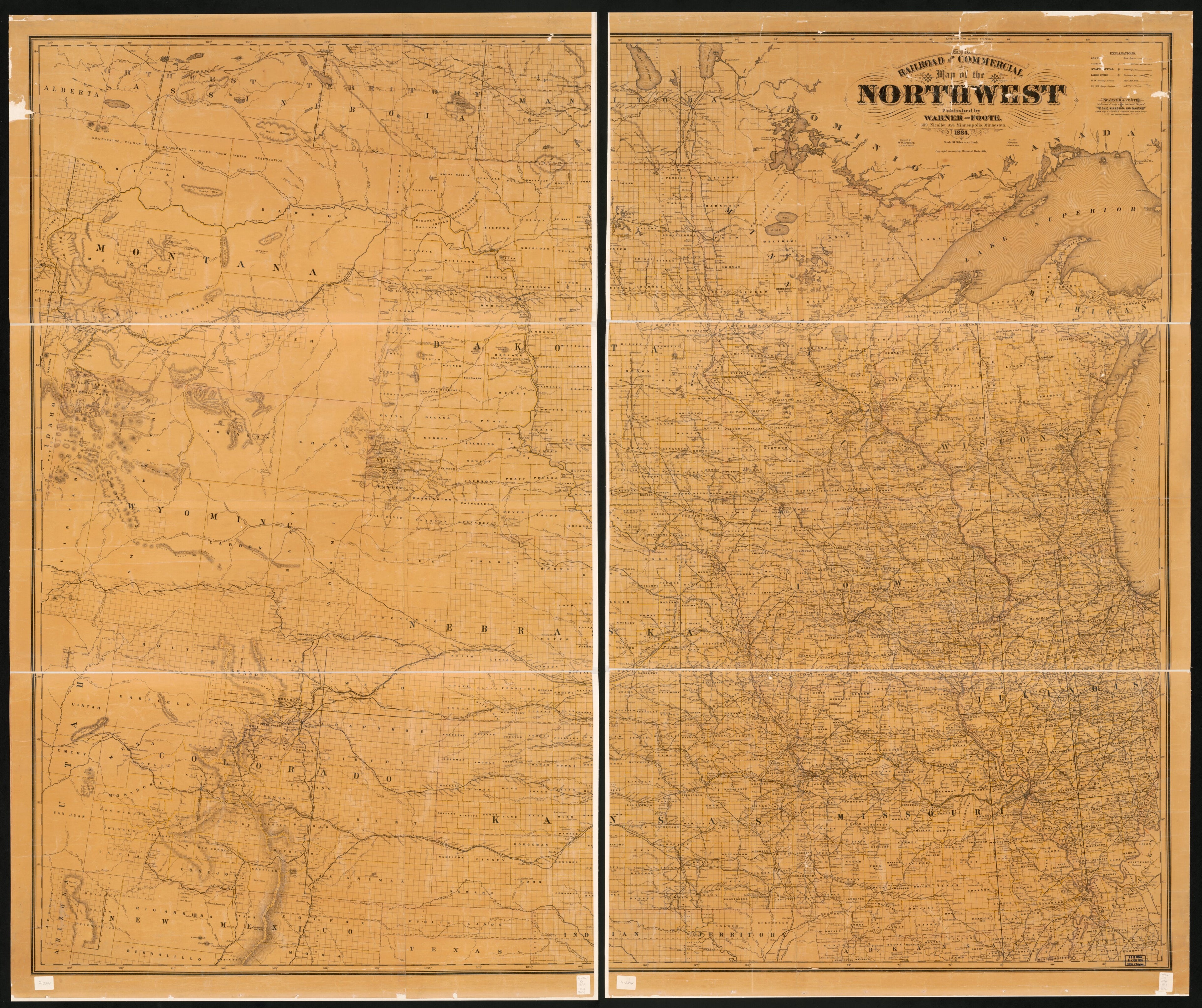This old map of Railroad and Commercial Map of the Northwest from 1884 was created by Wm. (William) Bracher, Warner & Foote in 1884