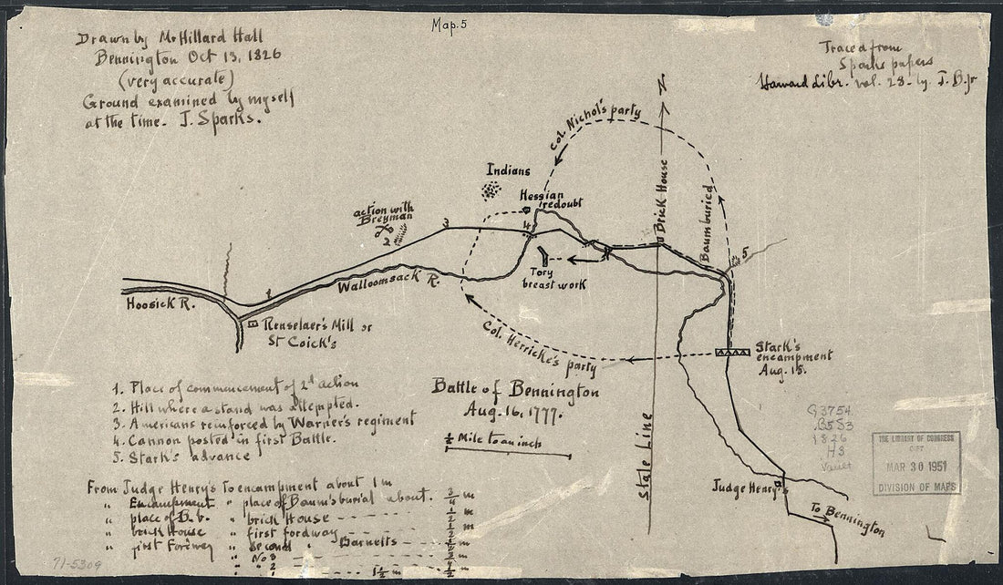 This old map of Battle of Bennington, Aug. 16, 1777 from 1826 was created by Hillard Hall in 1826