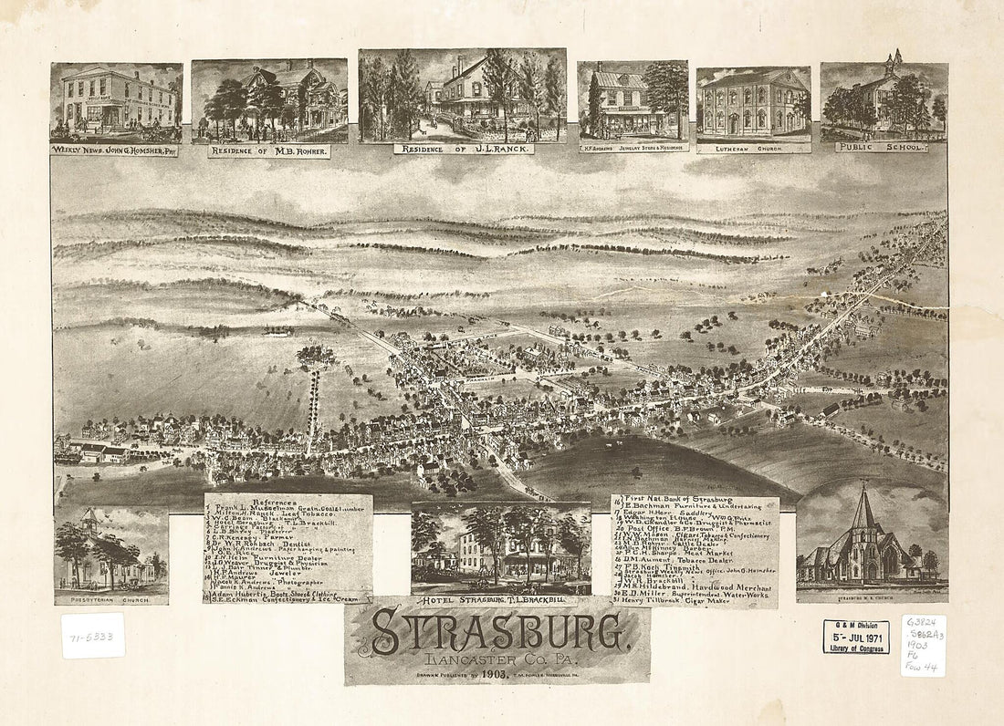 This old map of Strasburg, Lancaster County, Pennsylvania from 1903 was created by T. M. (Thaddeus Mortimer) Fowler in 1903
