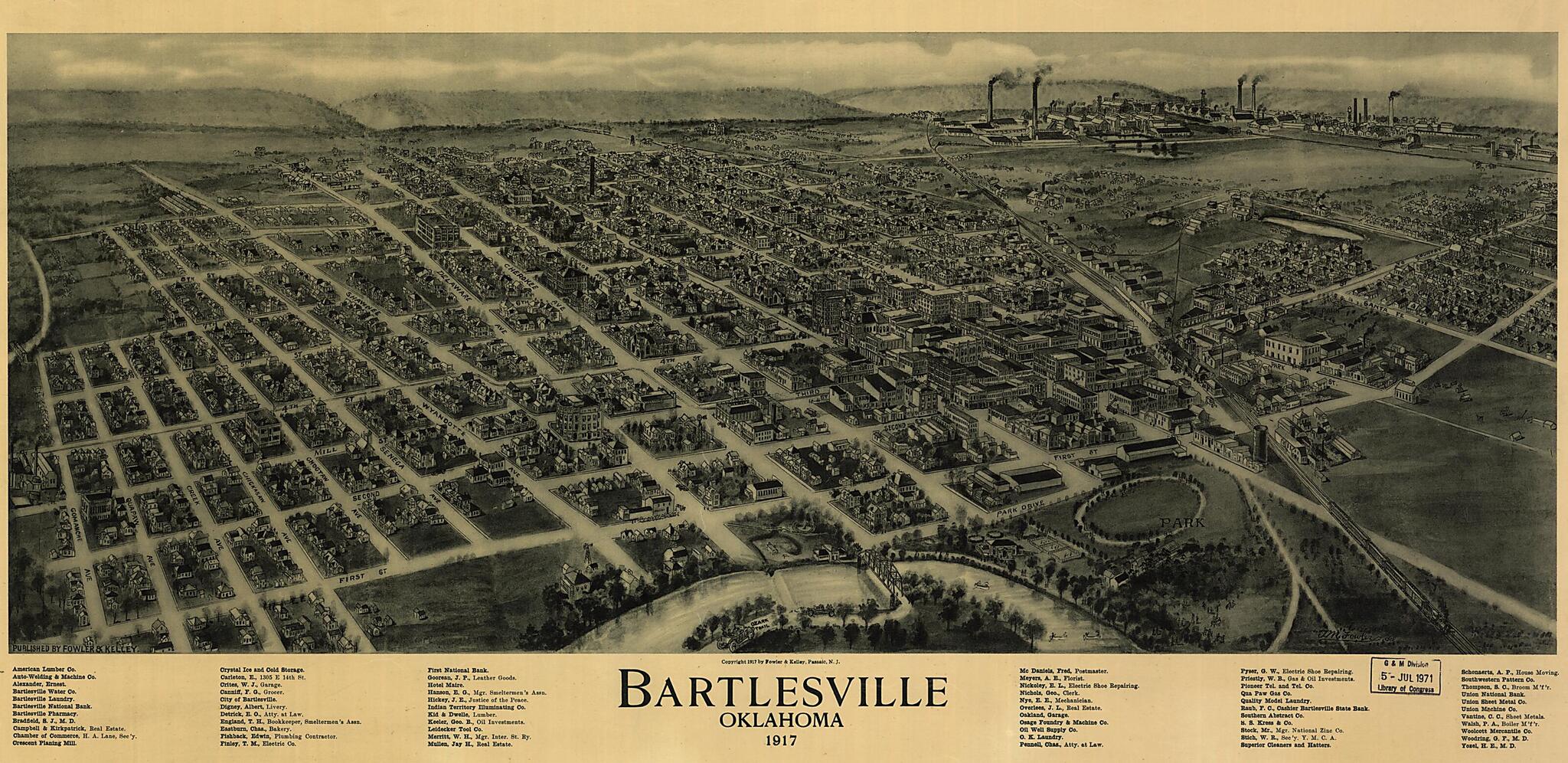 This old map of Bartlesville, Oklahoma from 1917 was created by Fowler & Kelly, T. M. (Thaddeus Mortimer) Fowler in 1917