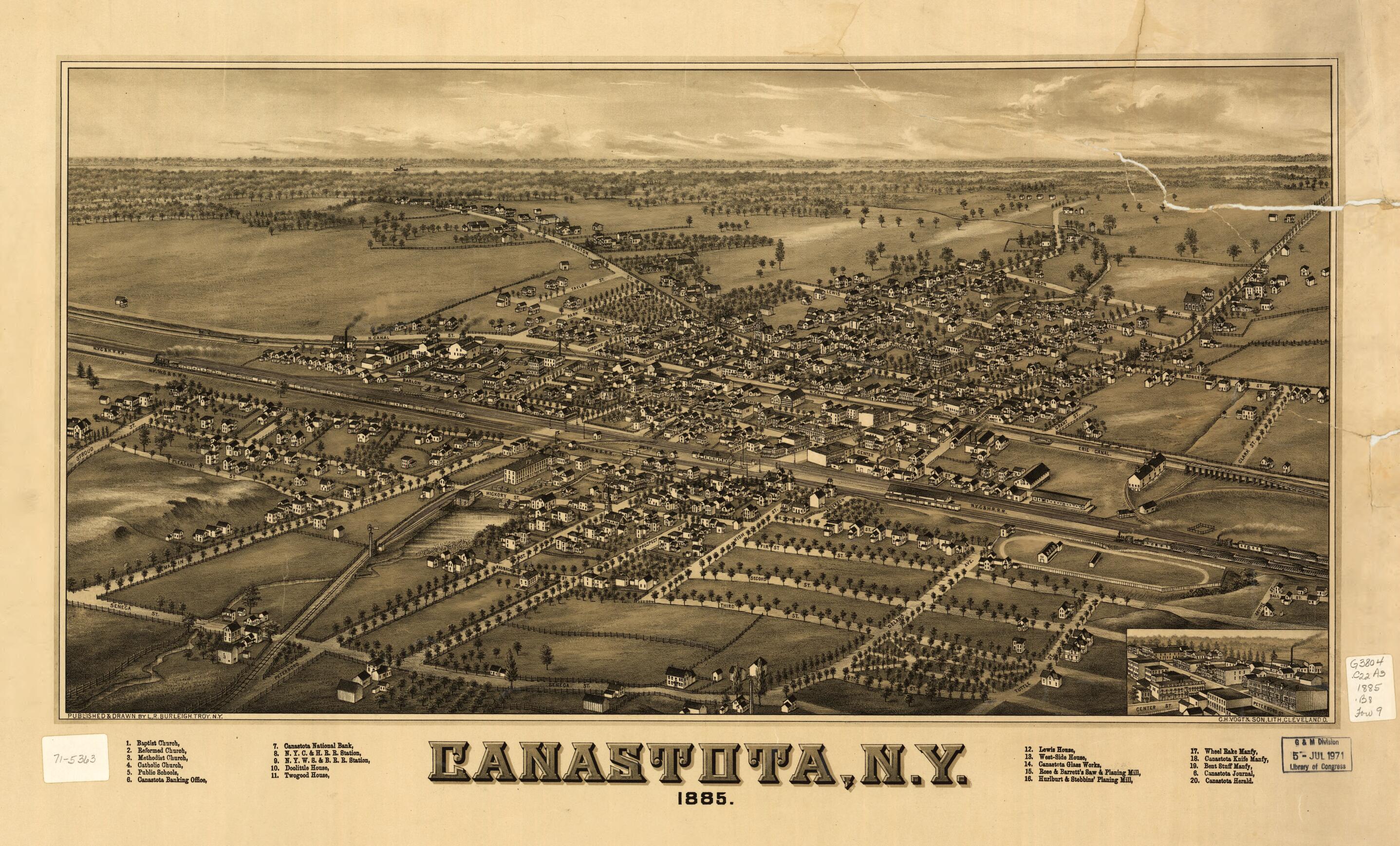 This old map of Canastota, New York from 1885 was created by L. R. (Lucien R.) Burleigh, C.H. Vogt & Son in 1885