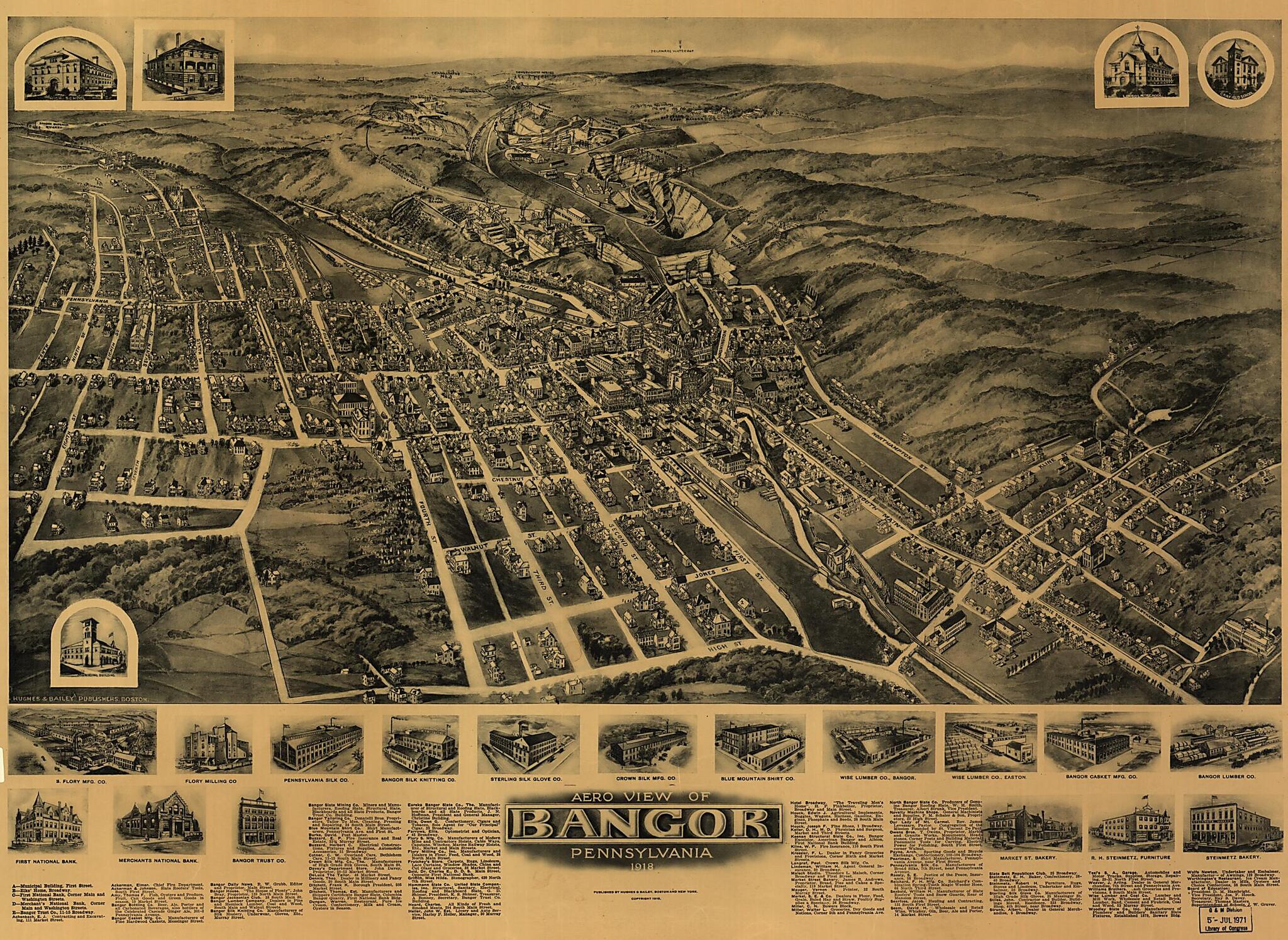 This old map of Aero View of Bangor, Pennsylvania from 1918 was created by T. M. (Thaddeus Mortimer) Fowler, Hughes & Bailey in 1918