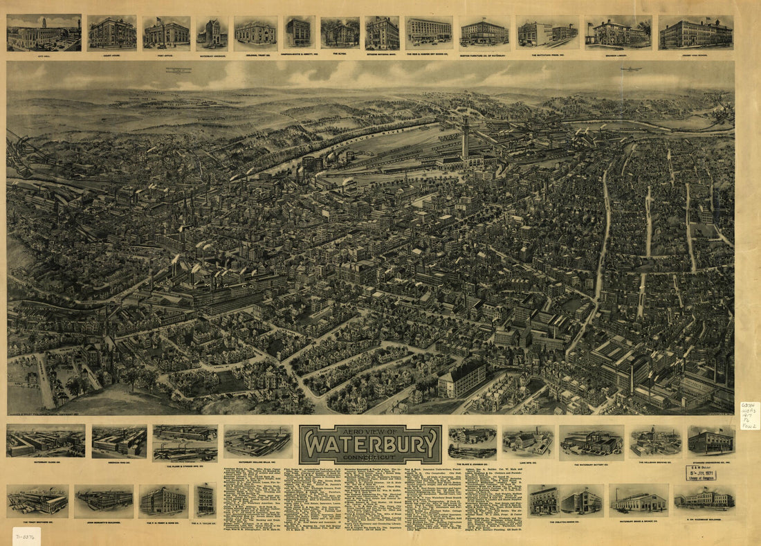 This old map of Aero View of Waterbury, Connecticut from 1917 was created by T. M. (Thaddeus Mortimer) Fowler, Hughes & Bailey in 1917