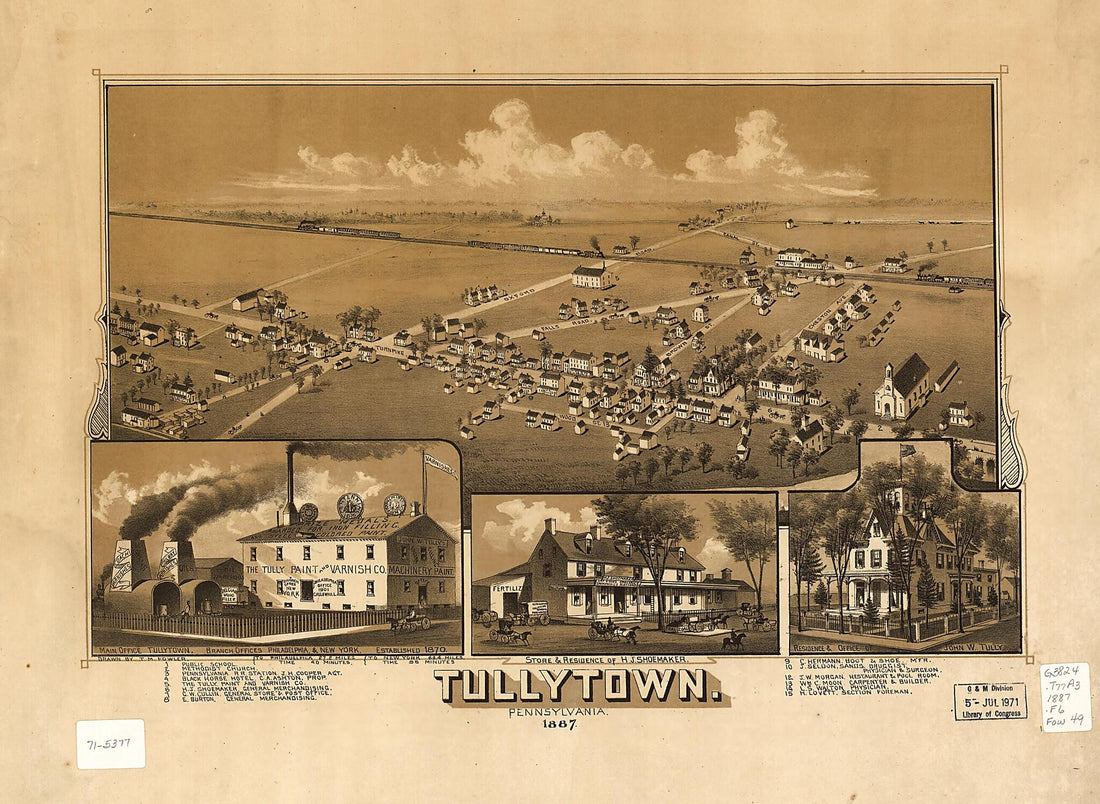 This old map of Tullytown, Pennsylvania from 1887 was created by T. M. (Thaddeus Mortimer) Fowler in 1887