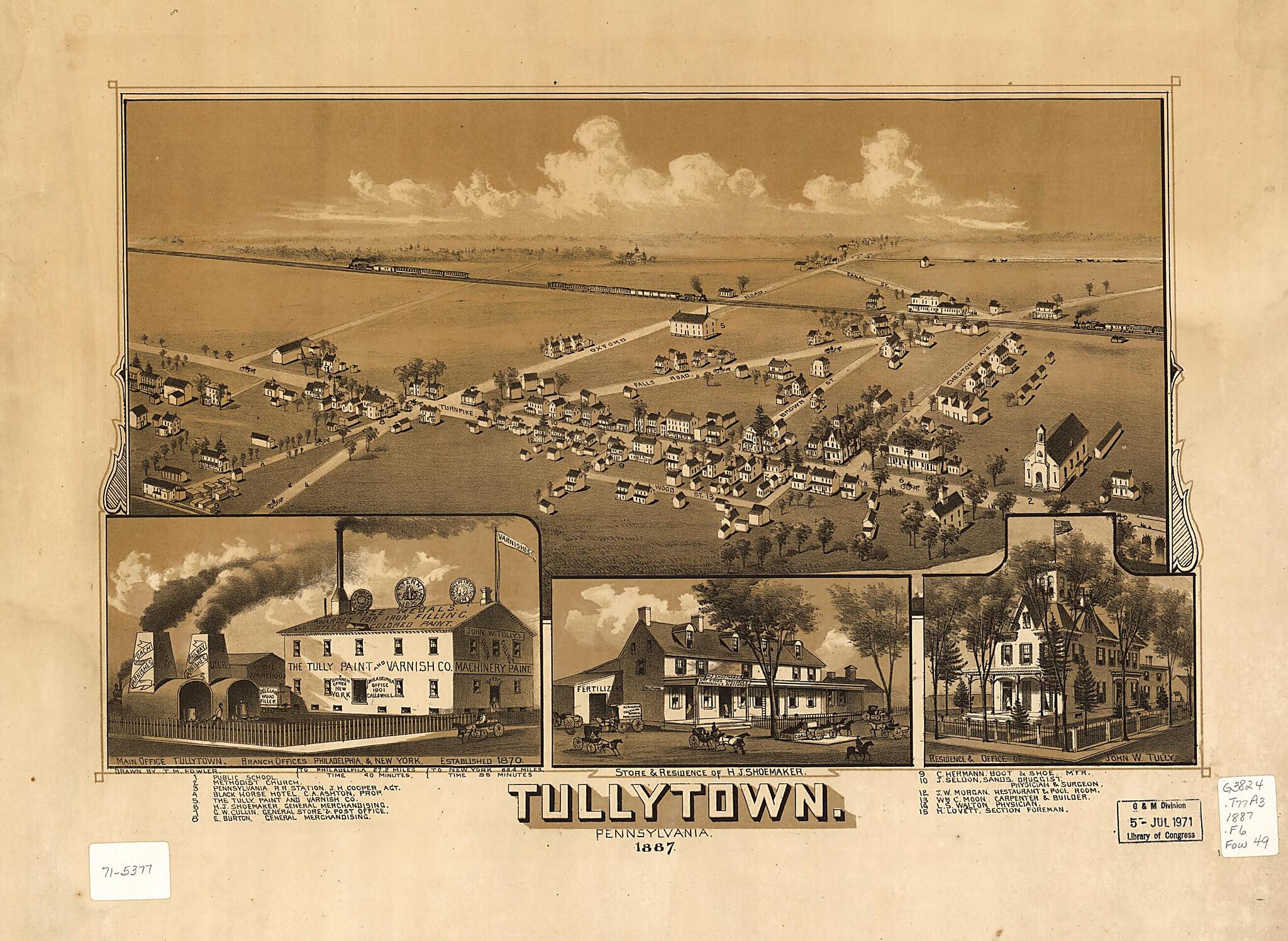 This old map of Tullytown, Pennsylvania from 1887 was created by T. M. (Thaddeus Mortimer) Fowler in 1887
