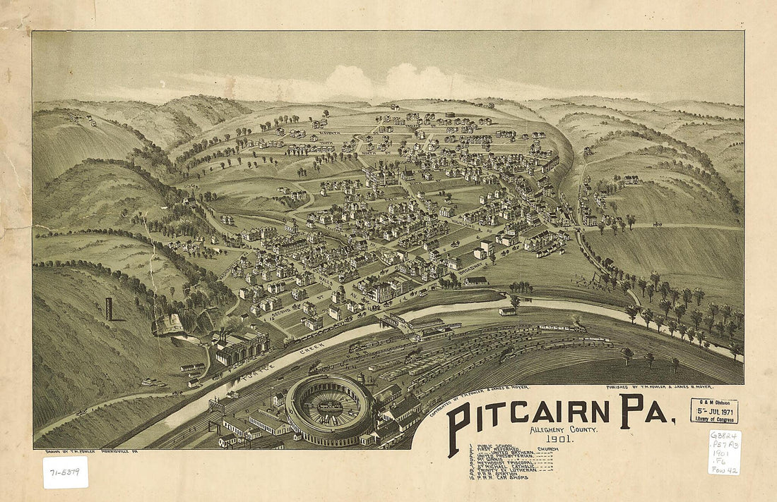 This old map of Pitcairn, Pennsylvania, Allegheny County from 1901 was created by T. M. (Thaddeus Mortimer) Fowler, James B. Moyer in 1901