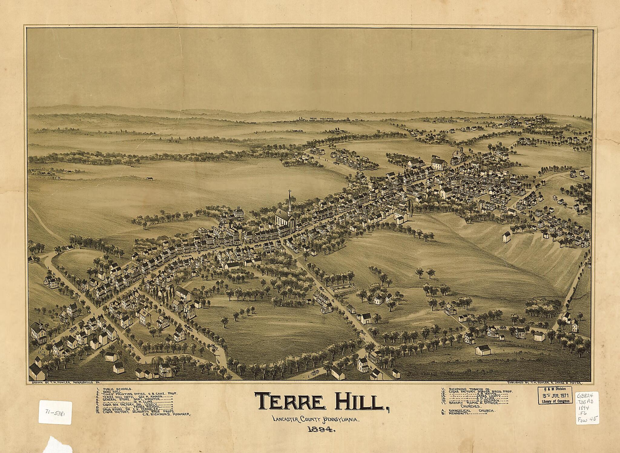 This old map of Terre Hill, Lancaster County, Pennsylvania from 1894 was created by T. M. (Thaddeus Mortimer) Fowler, James B. Moyer in 1894