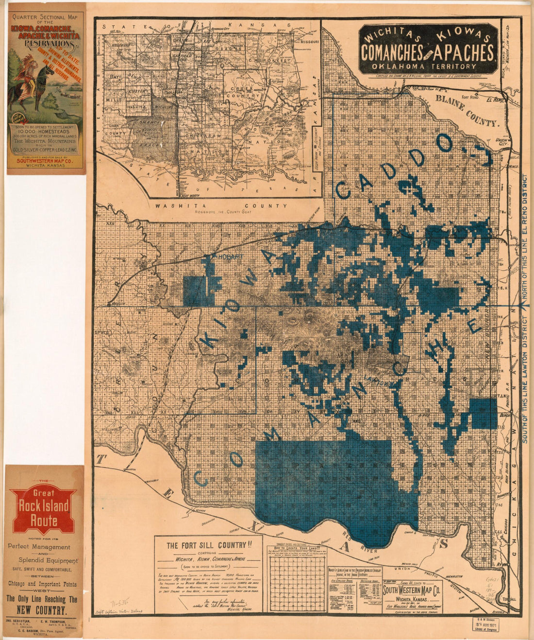 This old map of Wichitas, Kiowas, Comanches and Apaches, Oklahoma Territory from 1890 was created by South Western Map Co, E. W. Wiggins in 1890