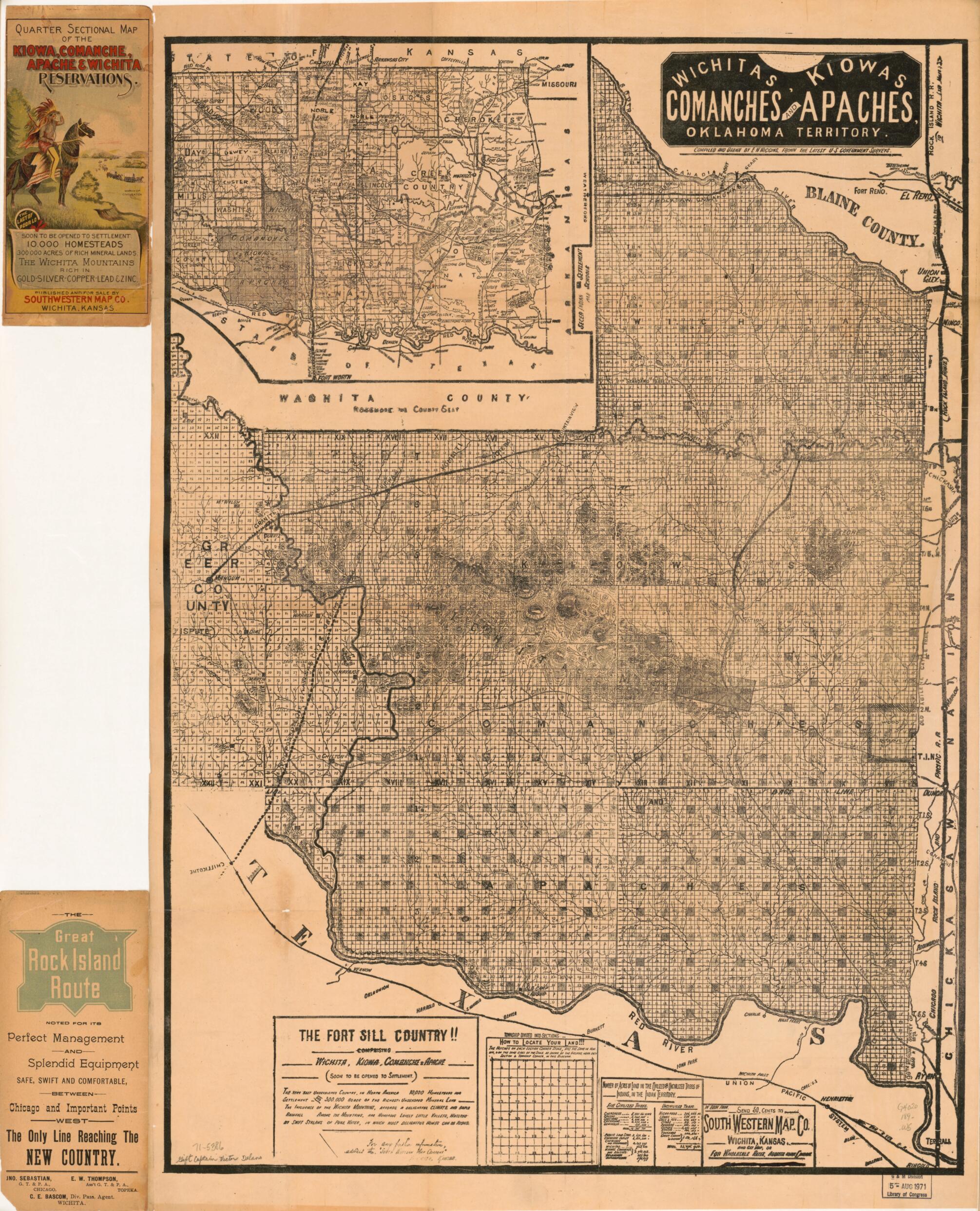This old map of Wichitas, Kiowas, Comanches and Apaches, Oklahoma Territory from 1890 was created by South Western Map Co, E. W. Wiggins in 1890