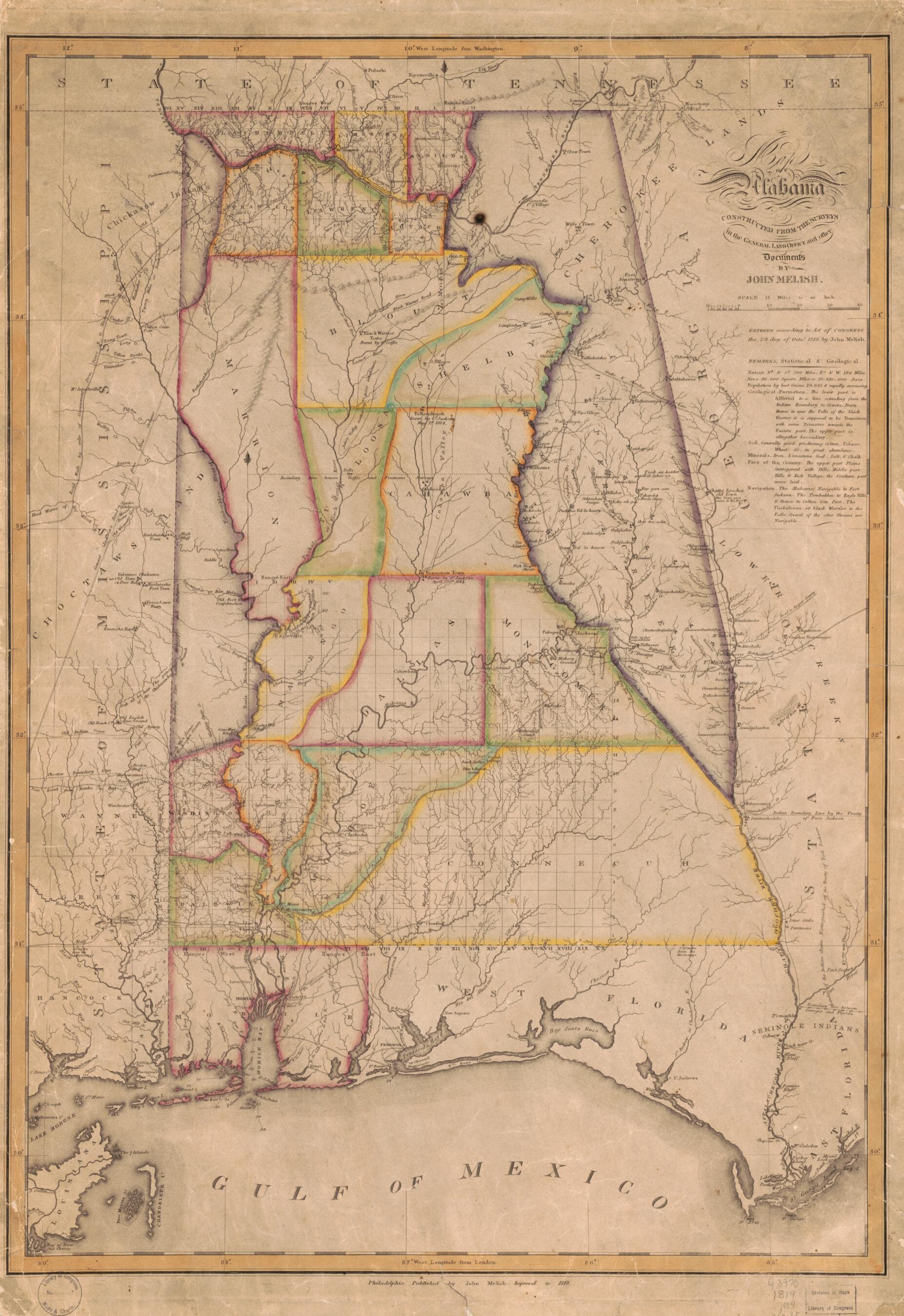 Map of Alabama Constructed from the Surveys In the General Land Office and Other Documents. Improved to 1819 by Relic Map Company