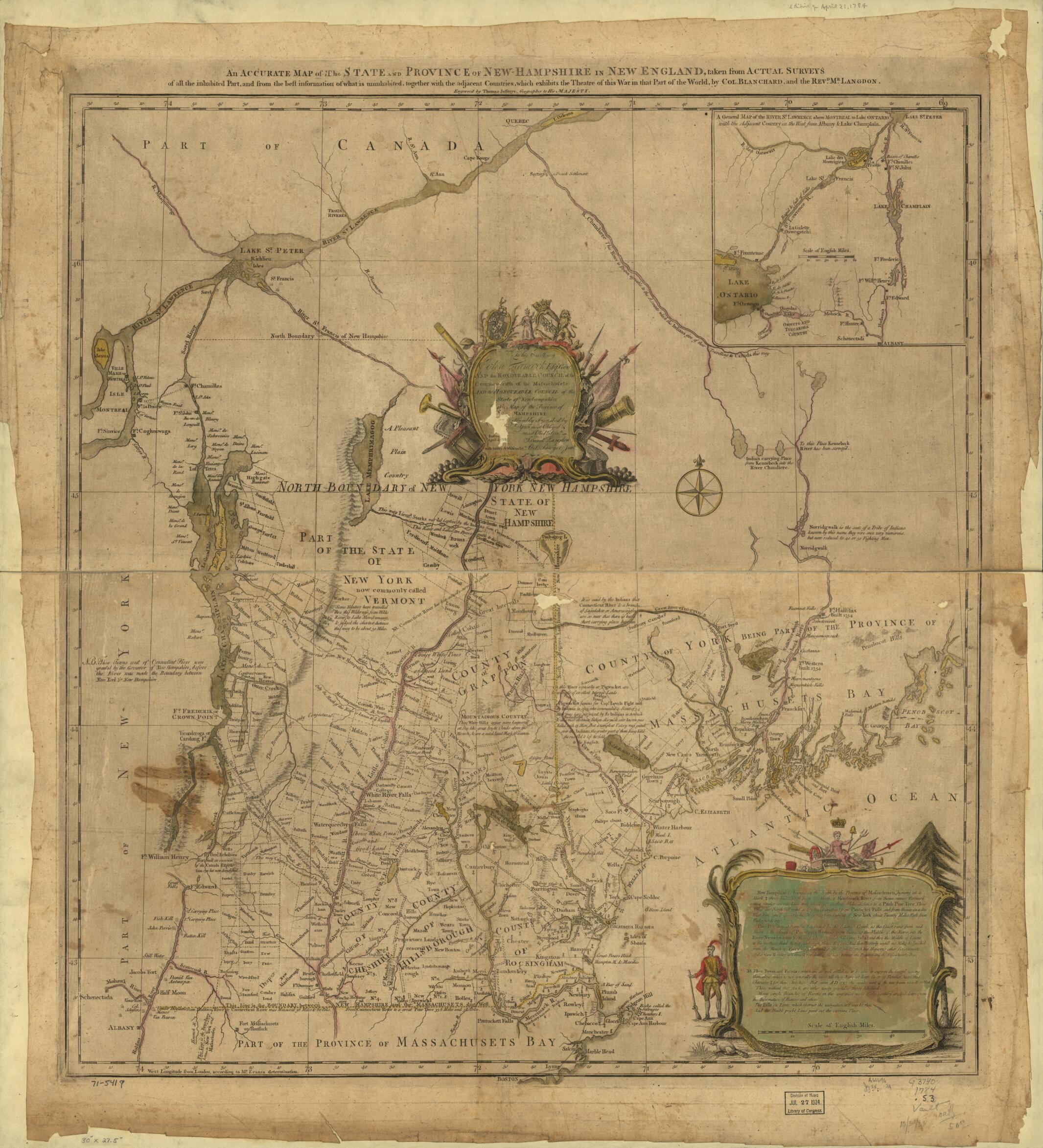 This old map of Hampshire In New England, Taken from Actual Surveys of All the Inhabited Part, and from the Best Information of What Is Uninhabited, Together With the Adjacent Countries, Which Exhibits the Theatre of This War In That Part of the World fr