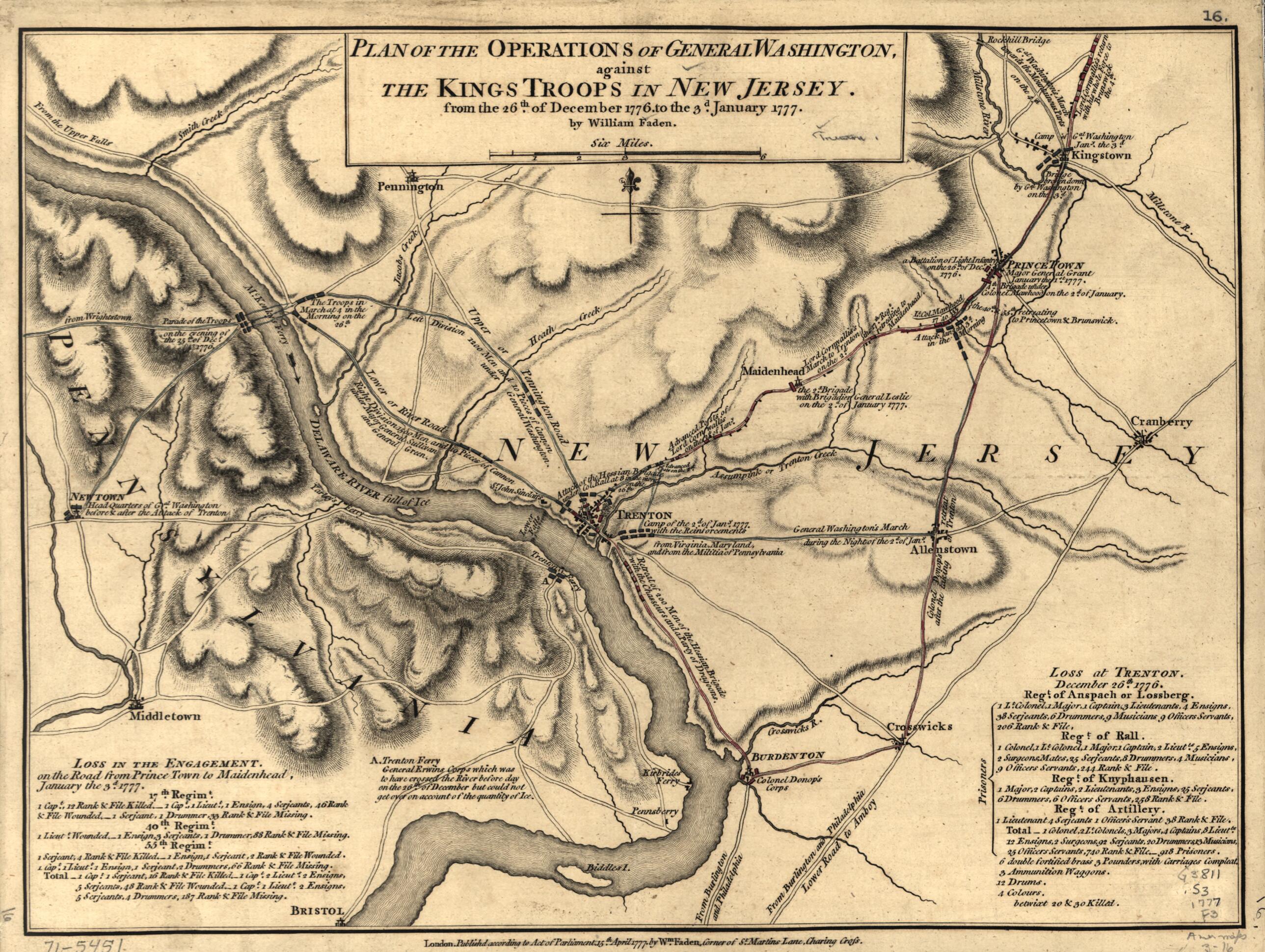 This old map of Plan of the Operations of General Washington, Against the Kings Troops In New Jersey, from the 26th. of December, 1776, to the 3d. January from 1777 was created by William Faden in 1777