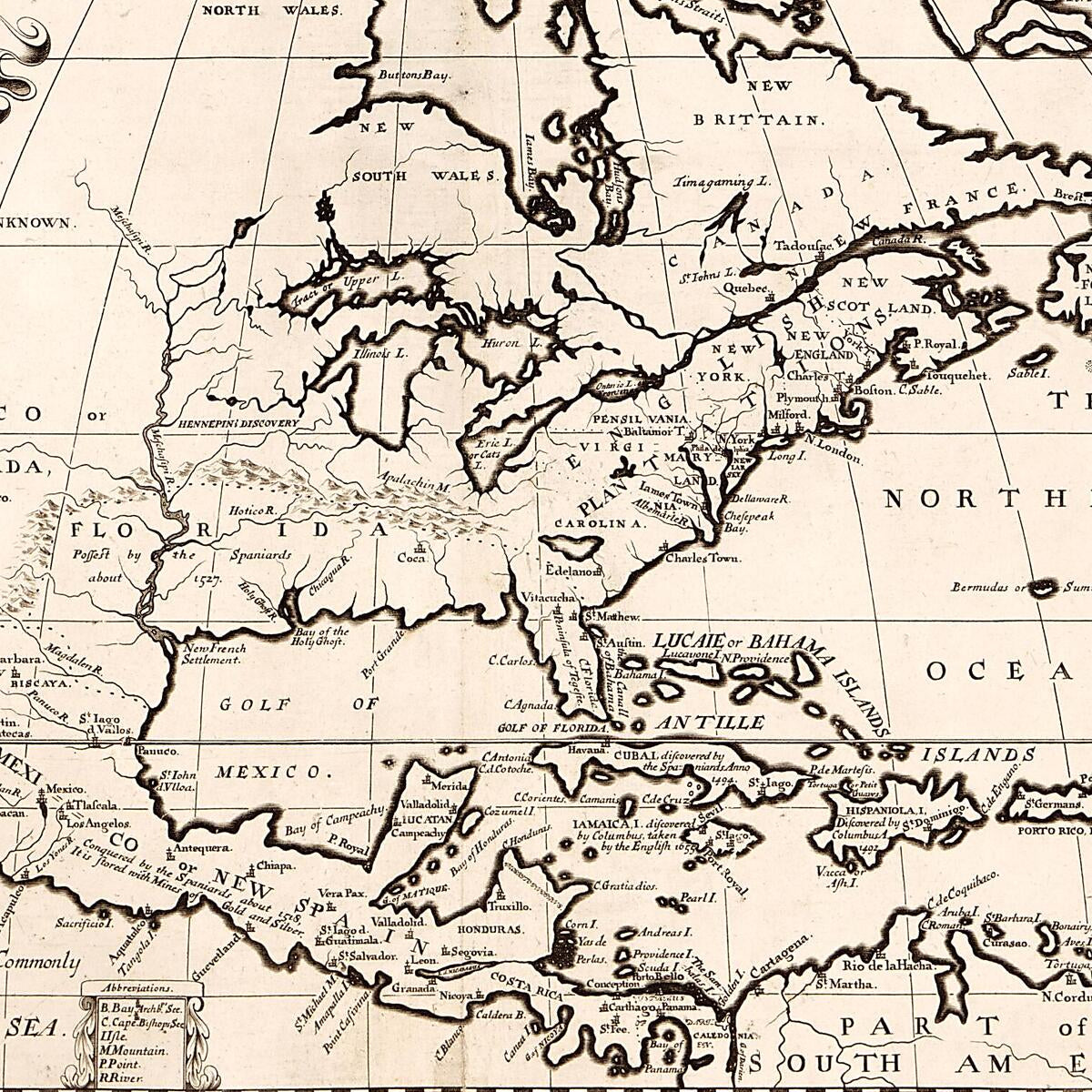 This old map of A New Map of North America Shewing Its Principal Divisions, Chief Cities, Townes, Rivers, Mountains &c from 1722 was created by Michael Burghers, Edward Wells in 1722