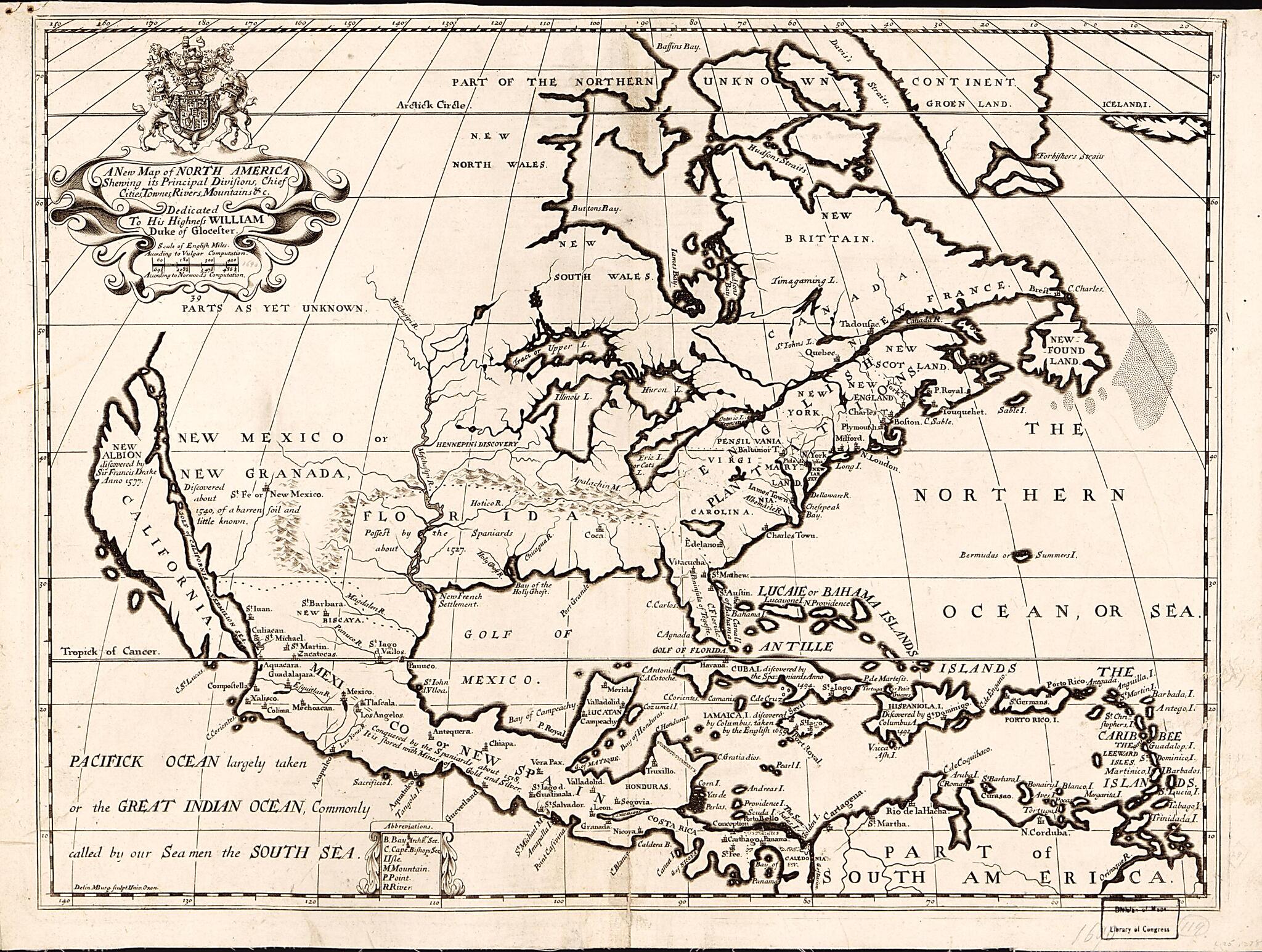 This old map of A New Map of North America Shewing Its Principal Divisions, Chief Cities, Townes, Rivers, Mountains &c from 1722 was created by Michael Burghers, Edward Wells in 1722
