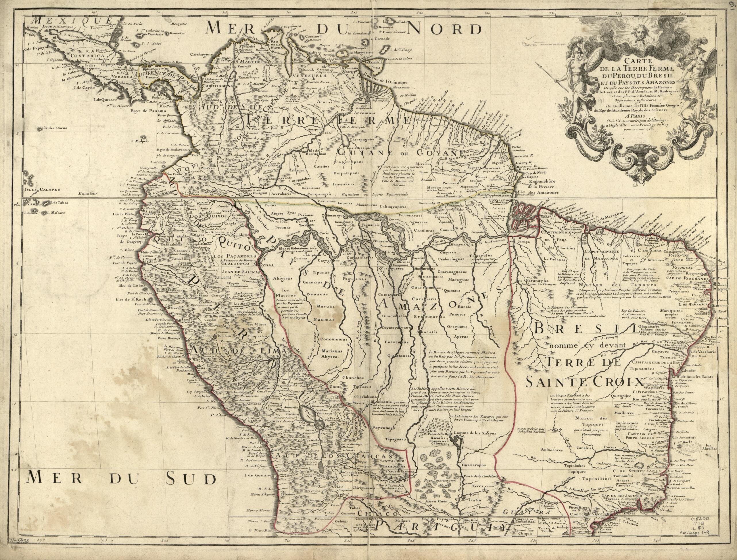 This old map of Carte De La Terre Ferme, Du Perou, Du Bresil Et Du Pays Des Amazones from 1718 was created by Guillaume De L&