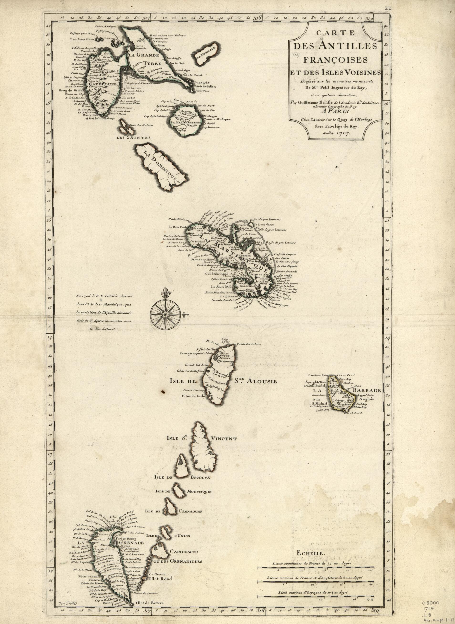 Carte Des Antilles Françoises Et Des Isles Voisines. Dressée Sur Les Memoires Manuscrits De Mr. Petit Ingenieur Du Roy, Et Sur Quelques Observations 1718 by Relic Map Company