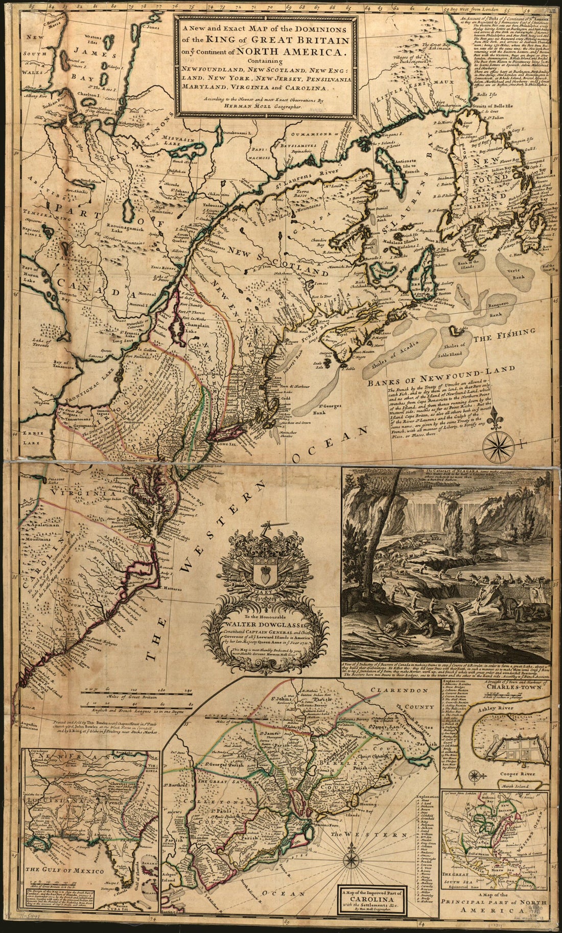 This old map of A New and Exact Map of the Dominions of the King of Great Britain On Ye Continent of North America, Containing Newfoundland, New Scotland, New England, New York, New Jersey, Pensilvania, Maryland, Virginia and Carolina from 1731 was creat