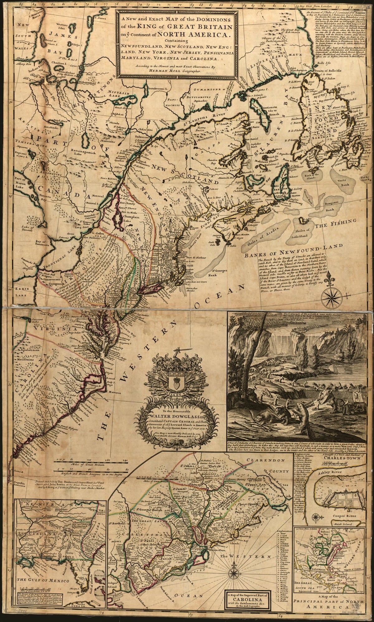 A New and Exact Map of the Dominions of the King of Great Britain On Ye Continent of North America, Containing Newfoundland, New Scotland, New England, New York, New Jersey, Pensilvania, Maryland, Virginia and Carolina 1731 by Relic Map Company