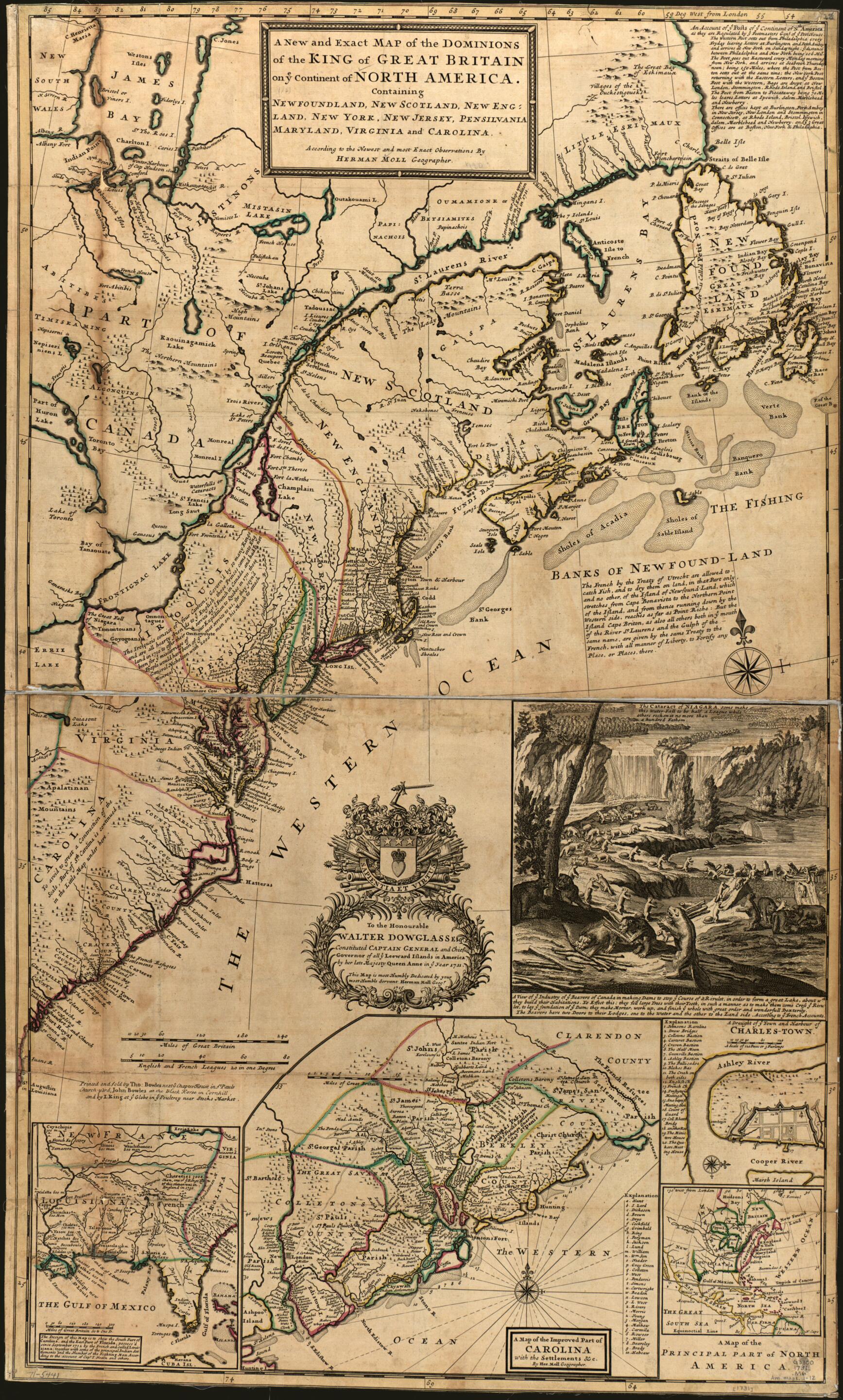 This old map of A New and Exact Map of the Dominions of the King of Great Britain On Ye Continent of North America, Containing Newfoundland, New Scotland, New England, New York, New Jersey, Pensilvania, Maryland, Virginia and Carolina from 1731 was creat