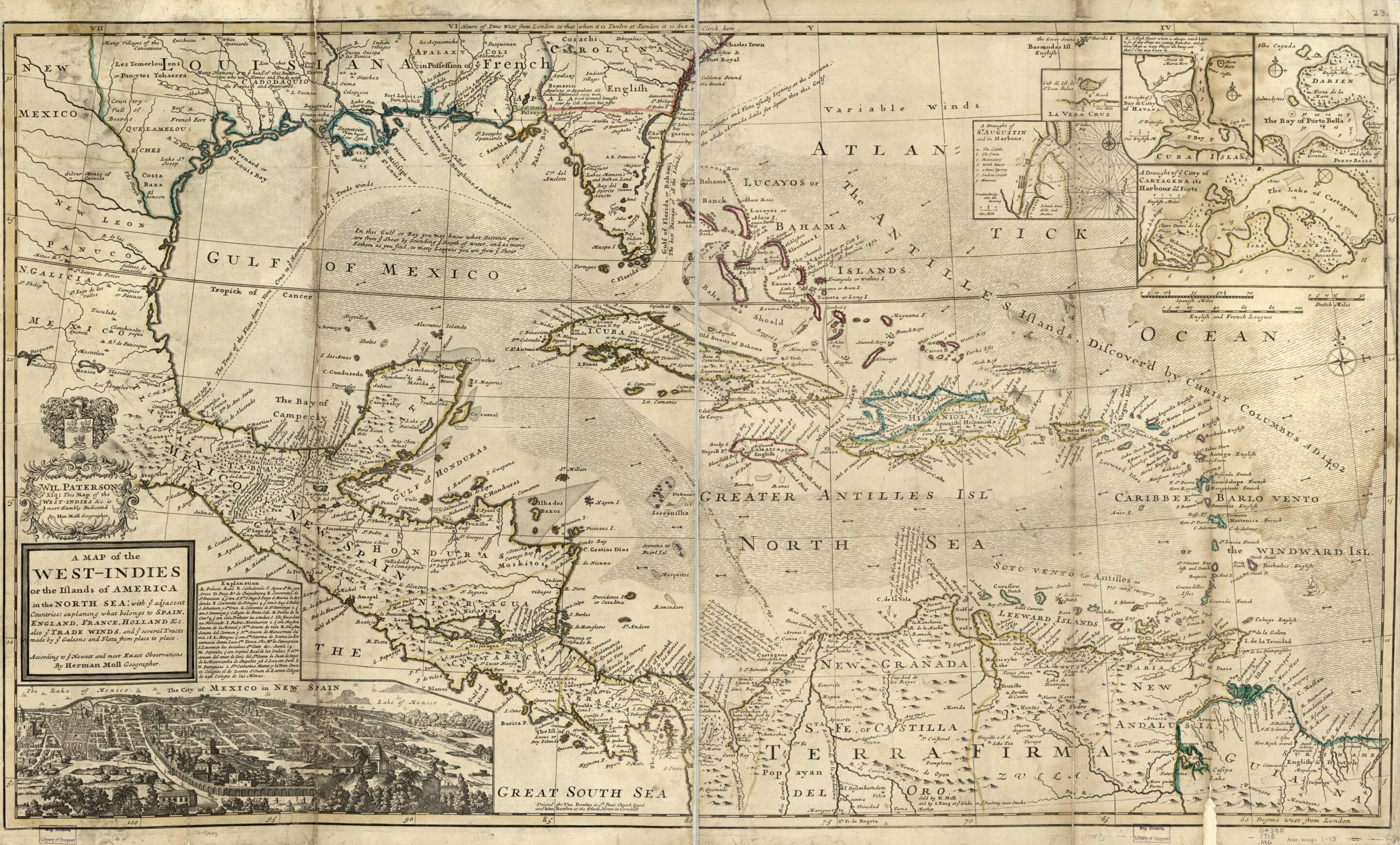 This old map of Indies Or the Islands of America In the North Sea; With Ye Adjacent Countries; Explaning sic What Belongs to Spain, England, France, Holland, &c. Also Ye Trade Winds, and Ye Several Tracts Made by Ye Galeons and Flota from Place to Place