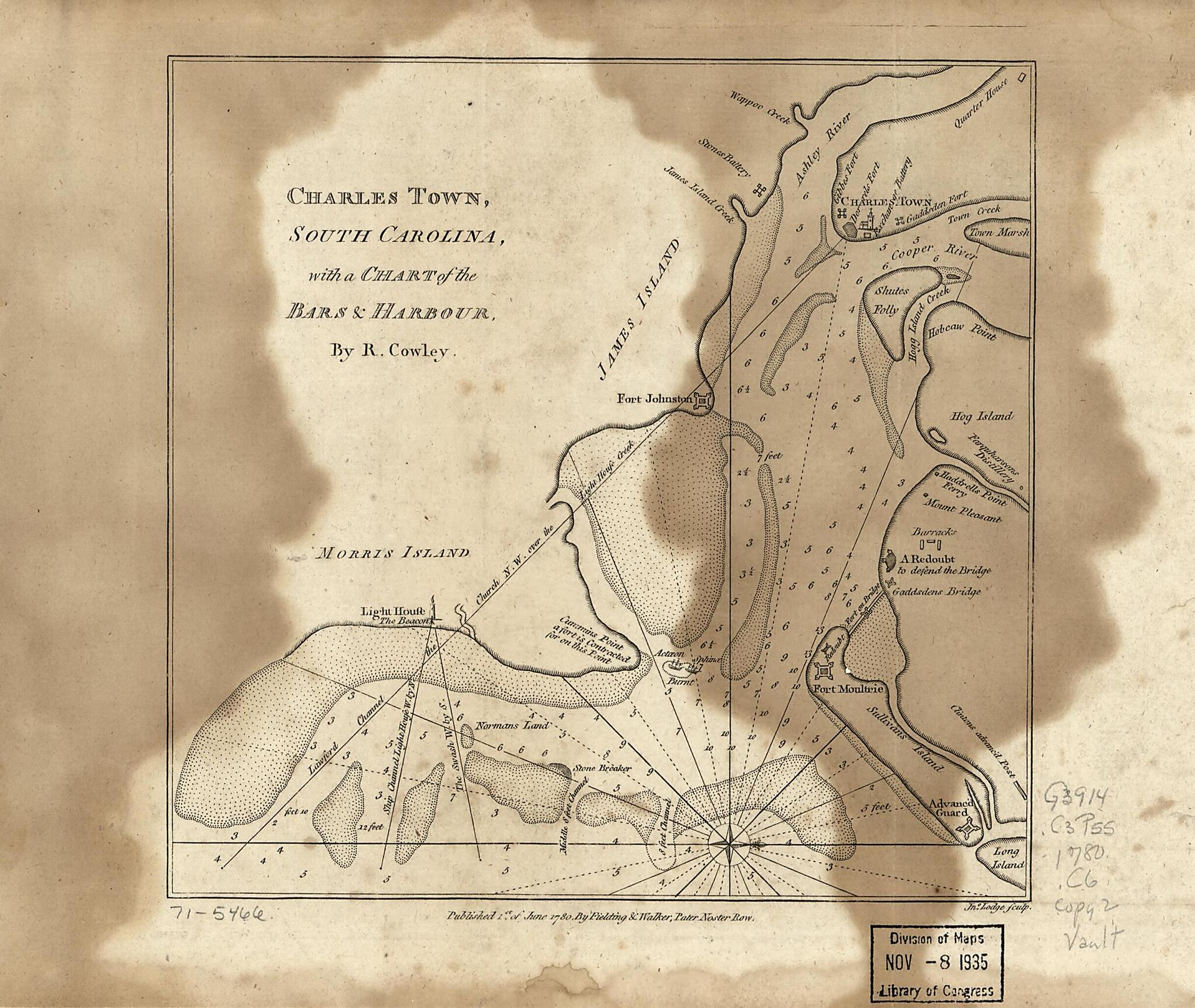 This old map of Charles Town, South Carolina, With a Chart of the Bars & Harbour from 1780 was created by R. Cowley, Fielding & Walker, John Lodge in 1780